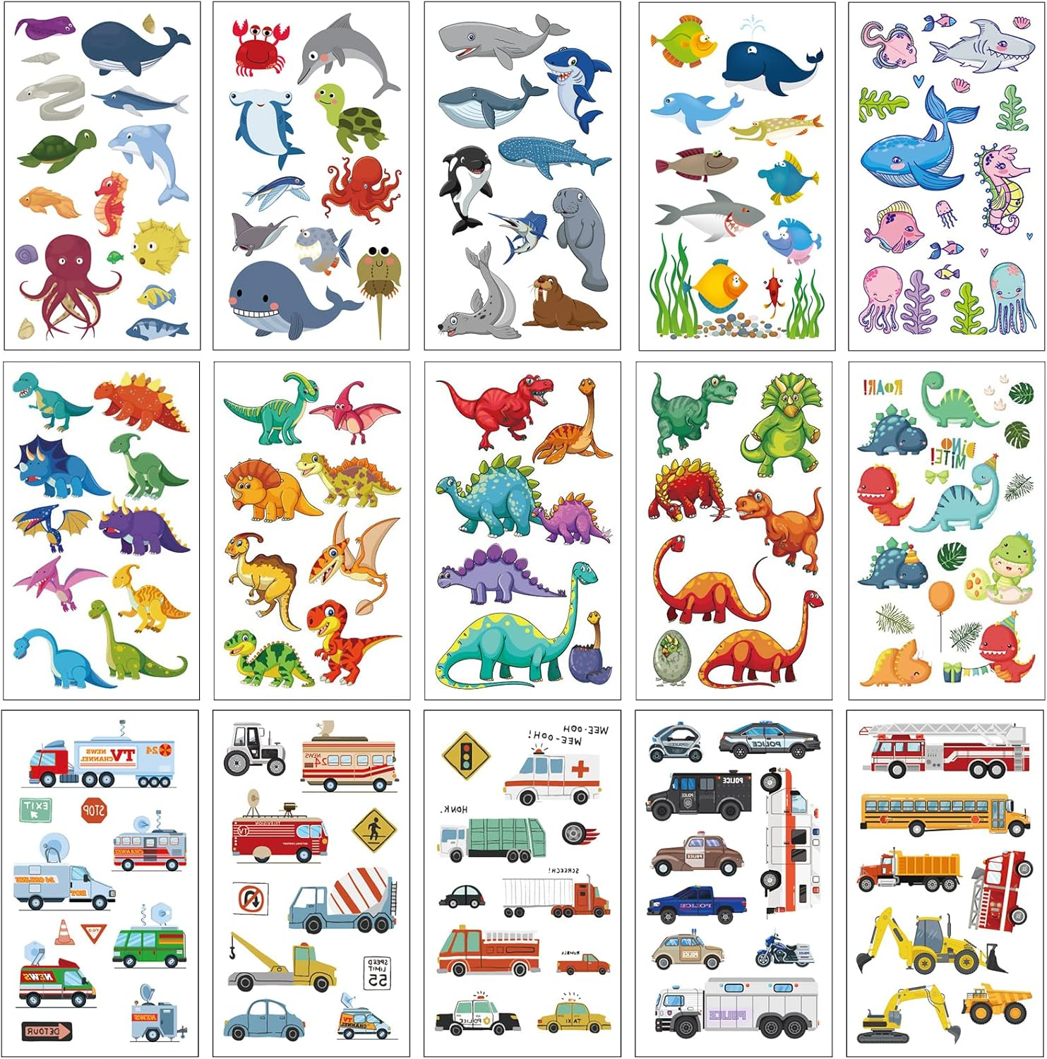 Apeso 30 Sheets Temporary Tattoos Kit for Kids, 300Pcs Fake Cute Tattoo Stickers Waterproof, Birthday Party Favor Christmas Stocking Stuffers (Dinosaur ＆ Sea Animal ＆ Vehicle)
