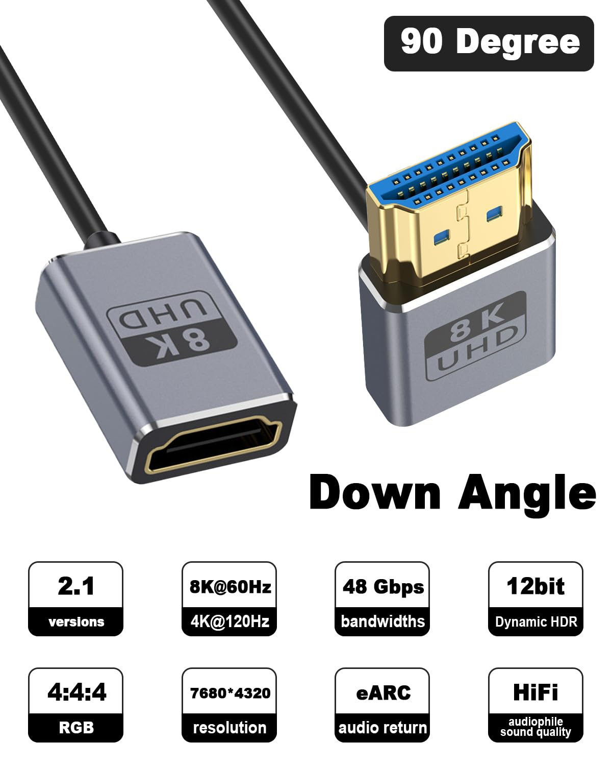 Duttek 8K HDMI2.1 Cable 1Ft/30Cm, down Angle HDMI Male to Female Extension Cable, Ultra High Speed 48Gbps Bandwidths, Ultra Thin HDMI Cord Od2.5Mm, Support 8K@60Hz for GH5S, PS5, Xbox One Monitor,Pc. image number 3