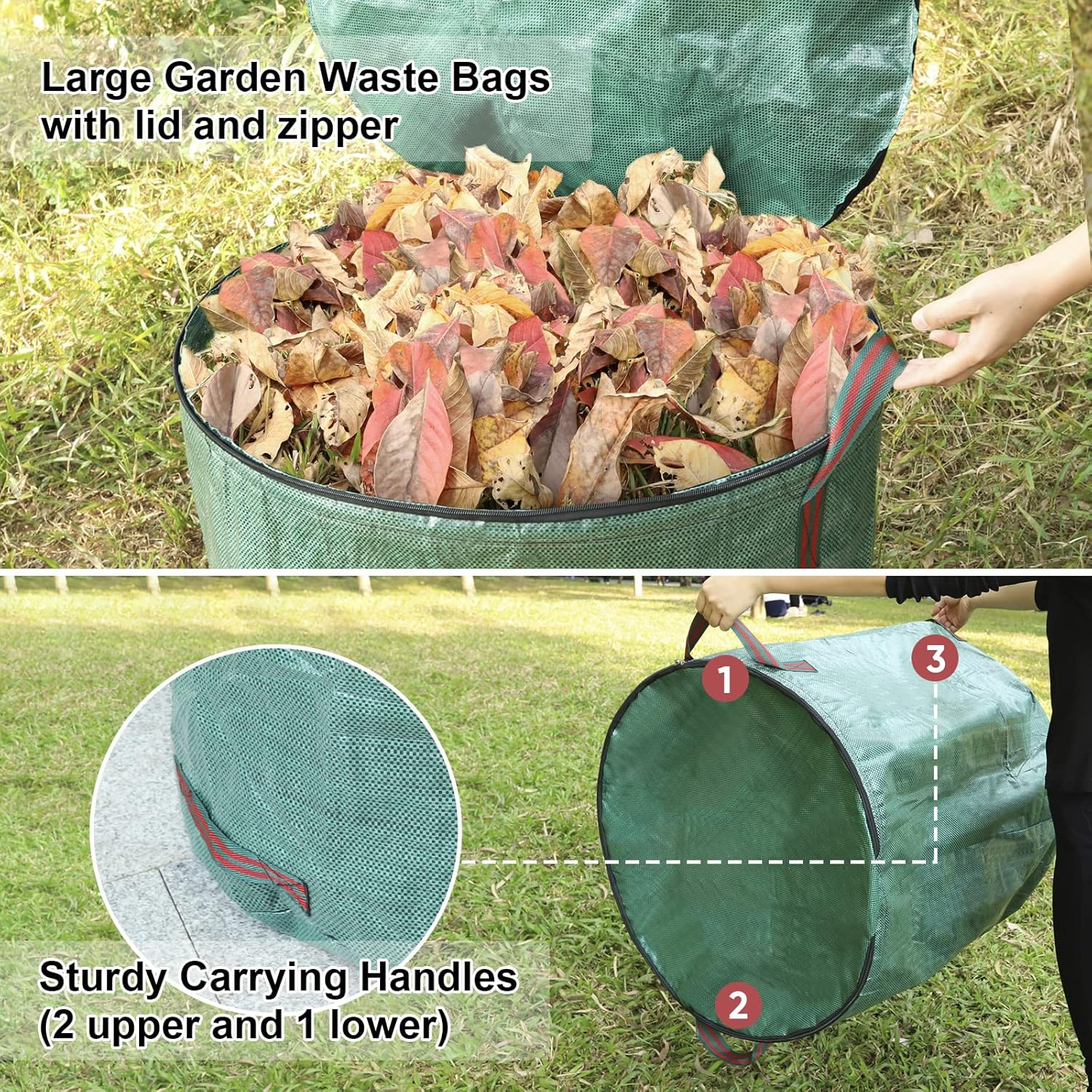 Large Garden Waste Bags with Lid and Zipper, 272 L Waterproof Heavy Duty Garden Leaf Waste Sacks with Handles,Foldable and Reusable ,Green, 2 PACK image number 4