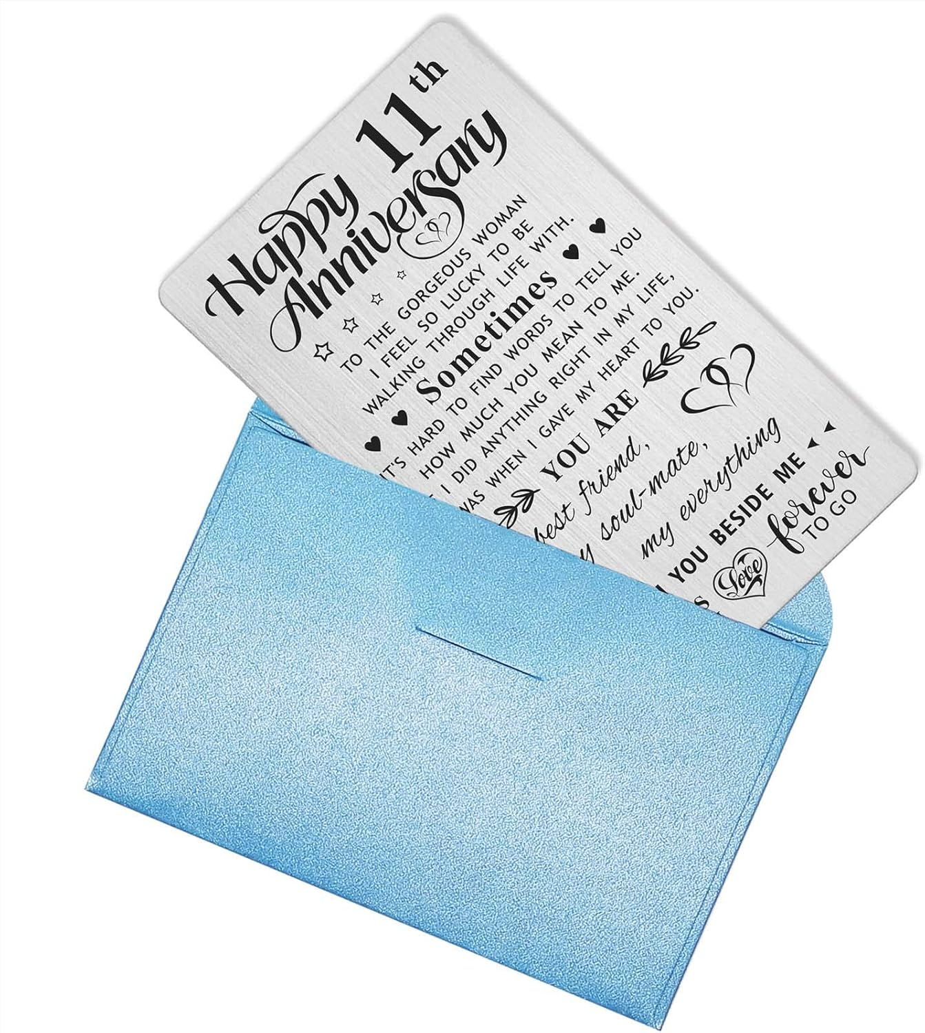 11Th Anniversary Card for Wife, Happy 11 Year Anniversary Card for Her, Metal Engraved Wallet Card