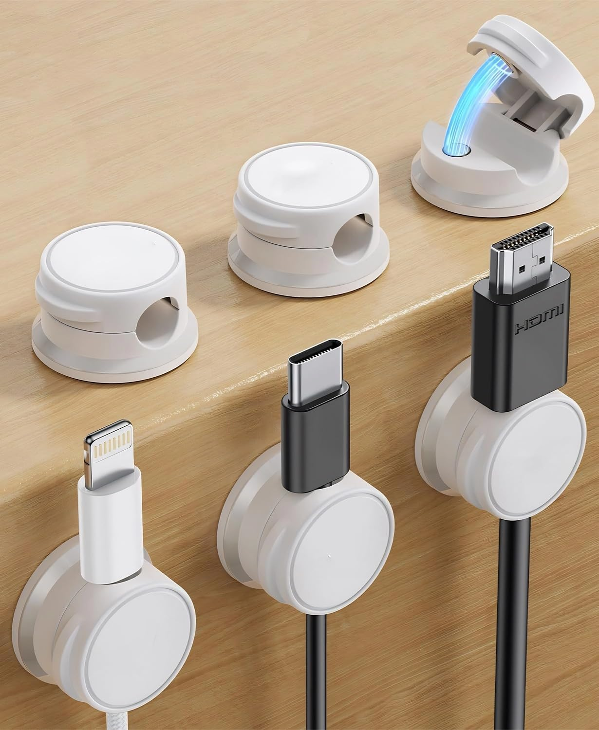 6 Pack Magnetic Cable Clips [Cable Smooth Adjustable] Cord Holder, under Desk Cable Management, Adhesive Wire Holder Keeper Organizer (White)