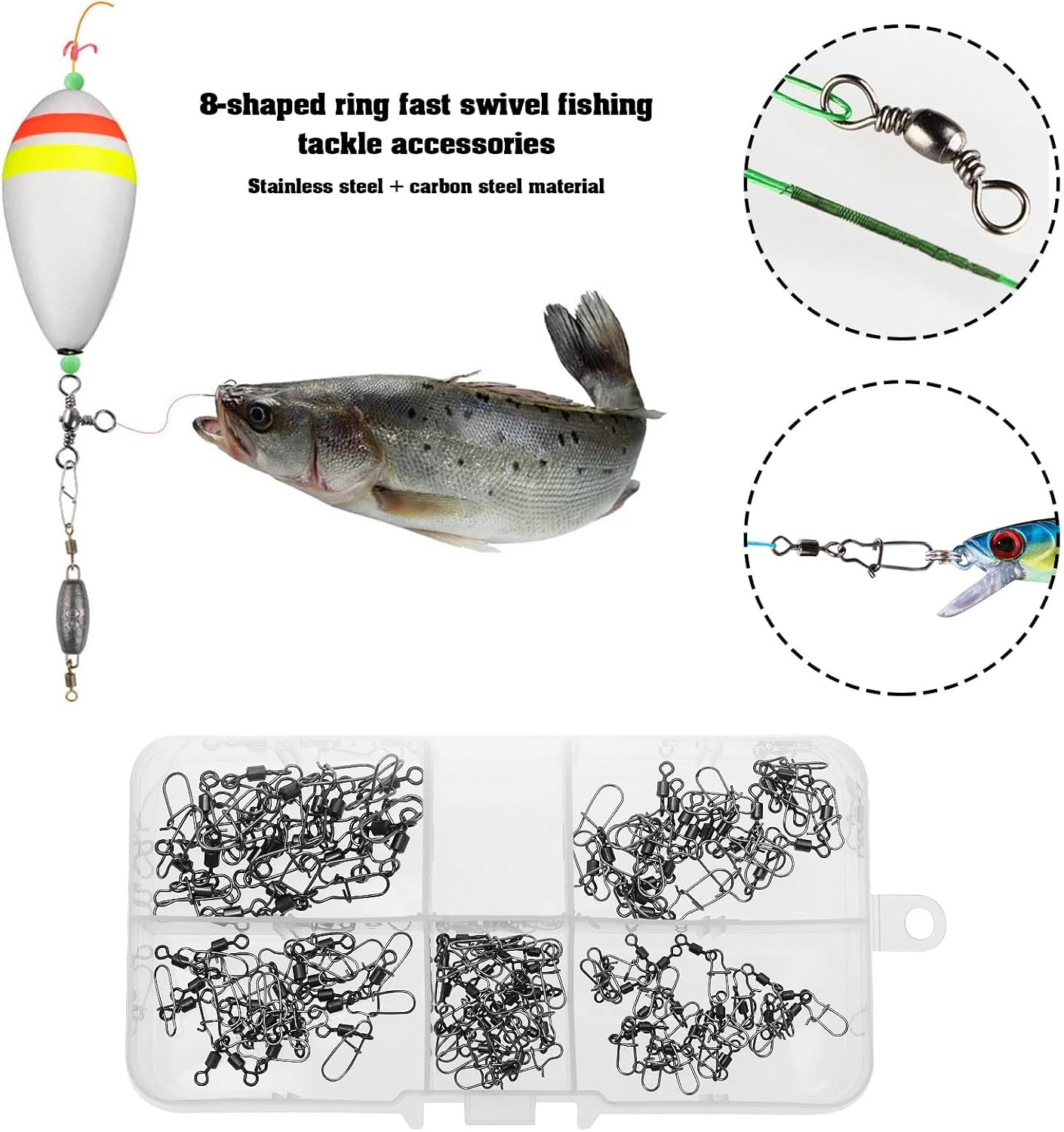 Emsea Set with 100Pcs/150Pcs Fishing Swivel Set Rolling Barrel Swivel with Interlock Snap Fast Spin Fishing Bait Line Connector Accessories for Freshwater Seawater Fishing Set A/B image number 4