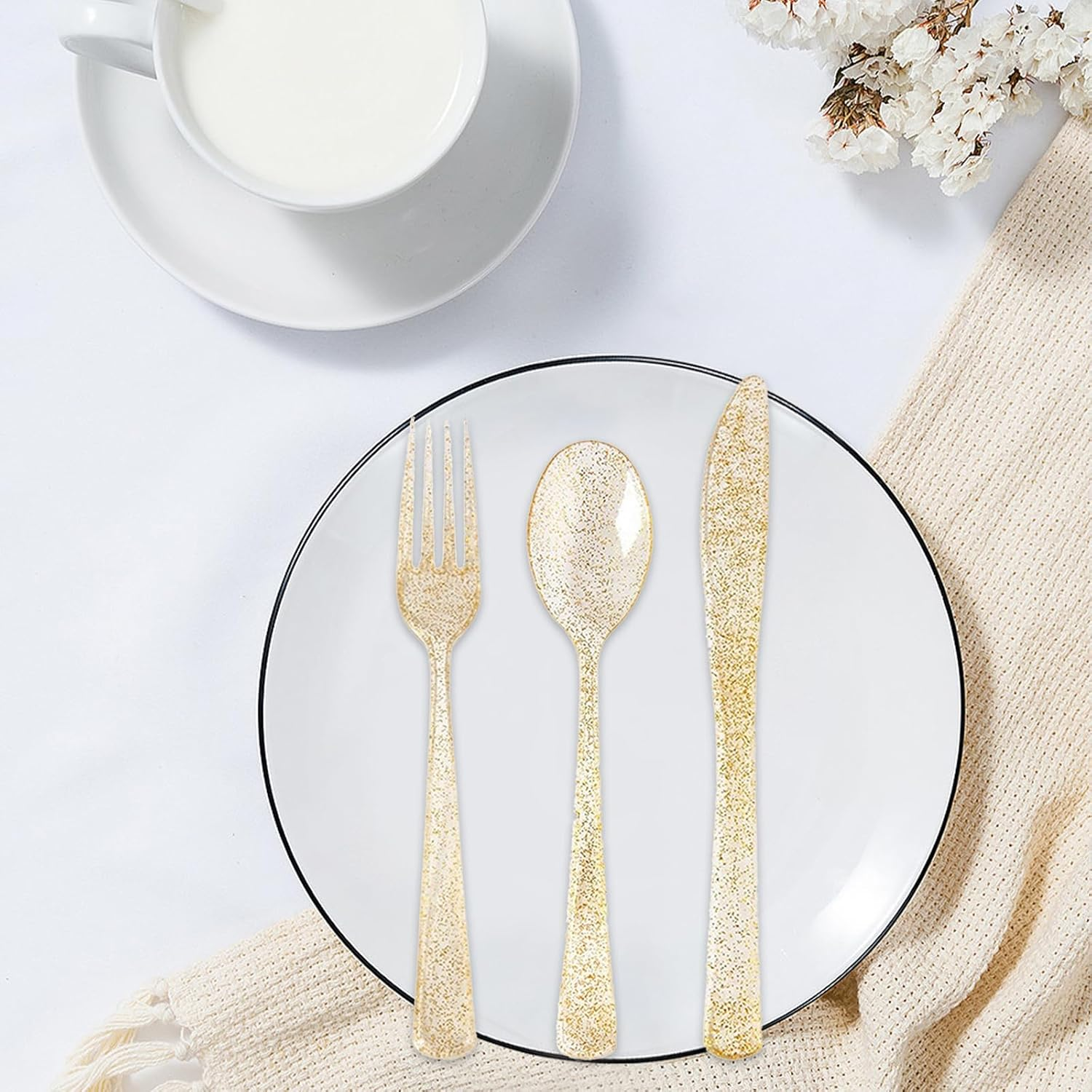10 Pack Plastic Cutlery Set, Elegant Plastic Silverware Set, Reusable Flatware Set, Tableware Party Cutlery, Camping Cutlery Combo with Spoon Knife Fork Sets Wrapped in White Napkin (Gold) image number 1