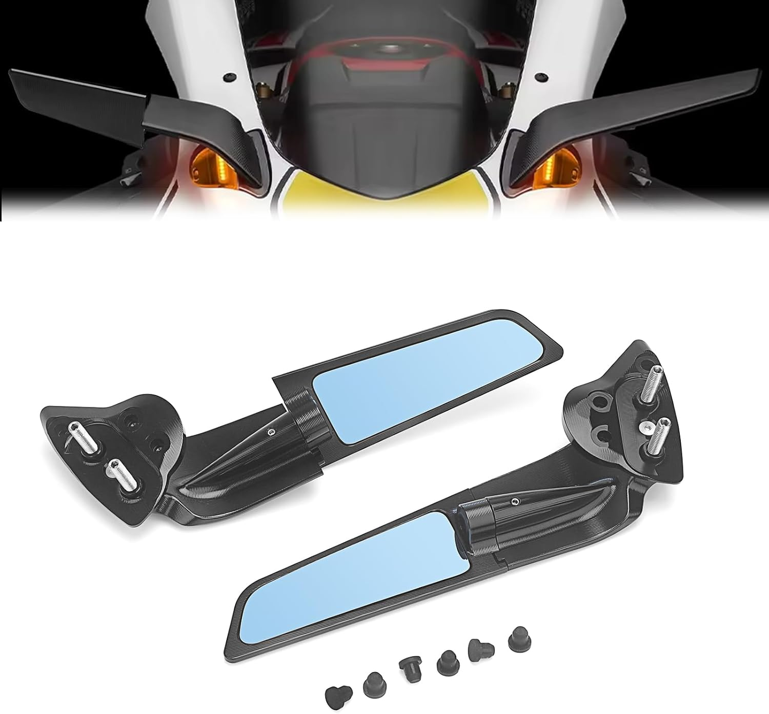 Motorcycle Stealth Side Mirrors, Areodynamic Winglets Rearview Adjustable Mirror Compatible with Yamaha YZF-R7 2021-2025 YZF-R6 2017-2020, CNC Aluminum, with Anit Glare Blue Lens image number 2