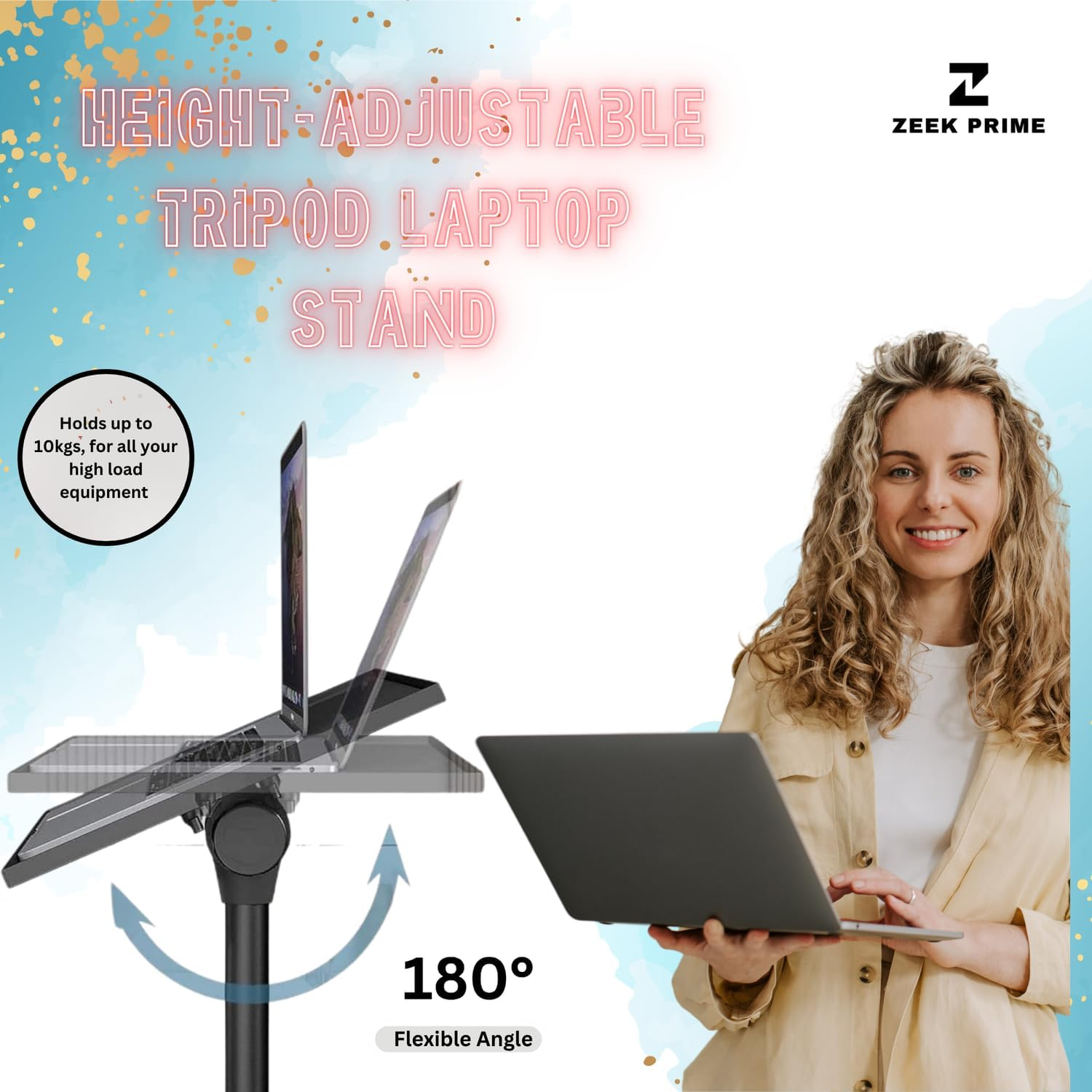 ZEEK PRIME - Adjustable Laptop Tripod Stand with Phone Mount &ndash; Heavy-Duty Alloy Construction, Height Adjustable from 0.65&ndash;1.6M, Load Capacity 15Kg | Portable Projector & Laptop Holder for Home,Office. image number 4