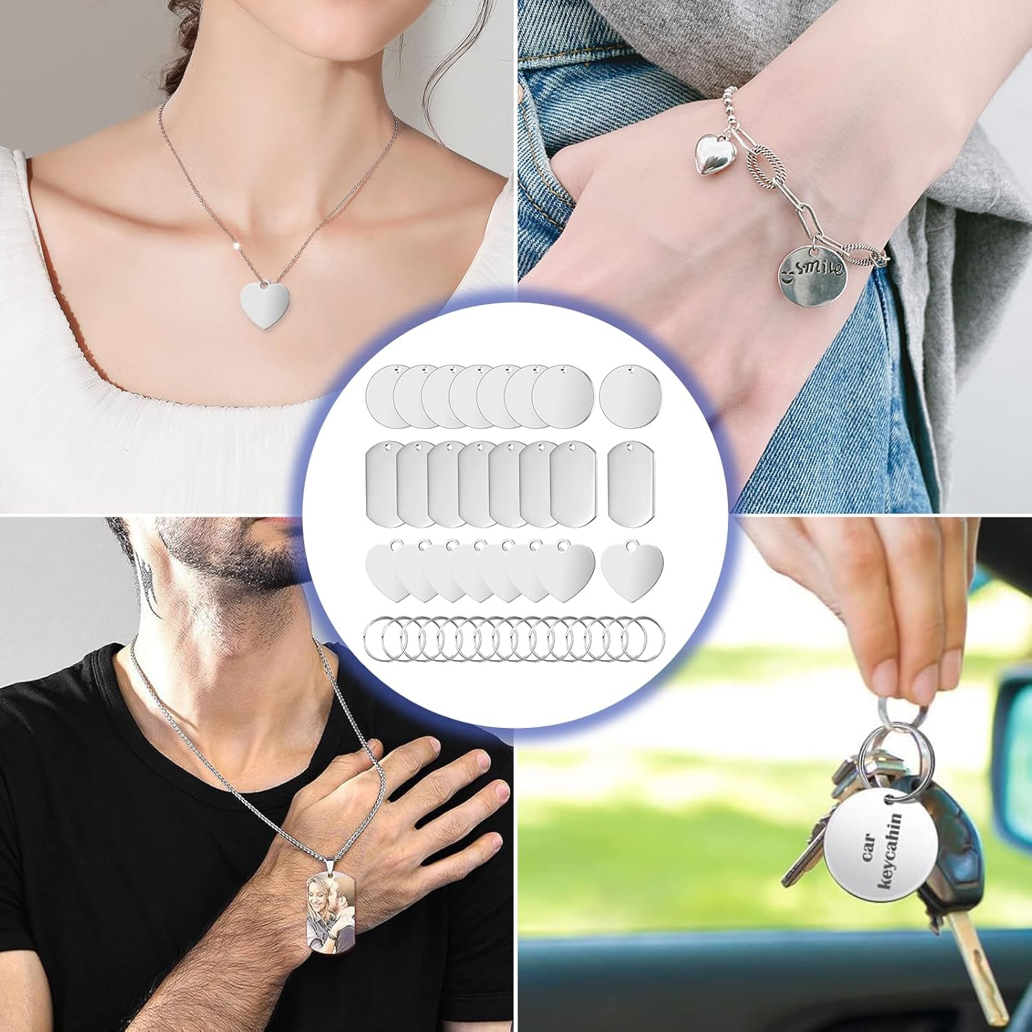YUDAWN Pack of 24 Stainless Steel Blank Pendants, Key Ring Blanks Dog Tags, Dog Tags, Punching Blanks for Round, Rectangular, Heart-Shaped Charms, Necklace, Bracelets, DIY Making Kit image number 2