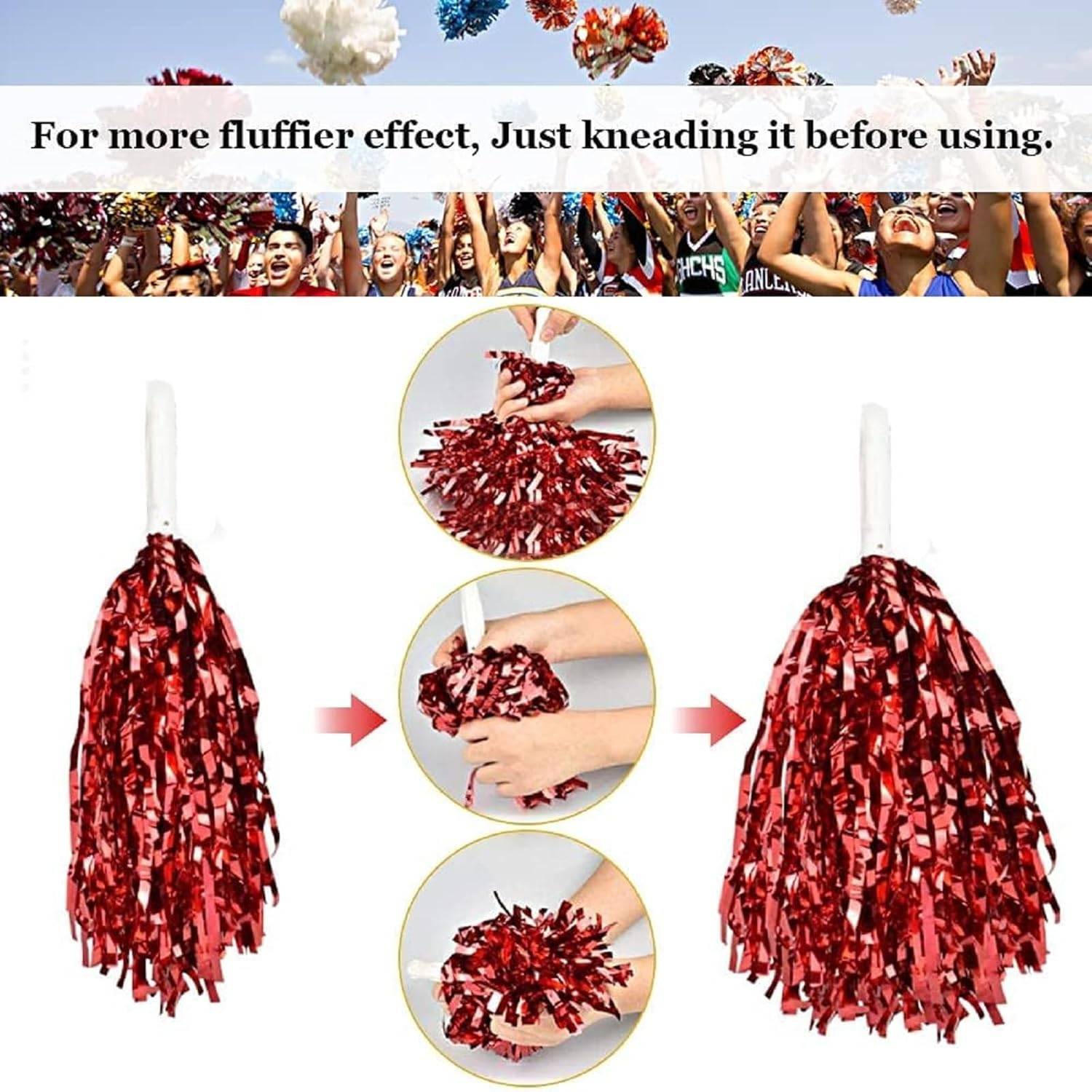 14 Pcs Cheerleader Cheerleading Pom Poms Metallic Foil Pompoms for Sports Meet Team Spirit Cheering Party Dance Supplies Straight Hole, Red image number 1