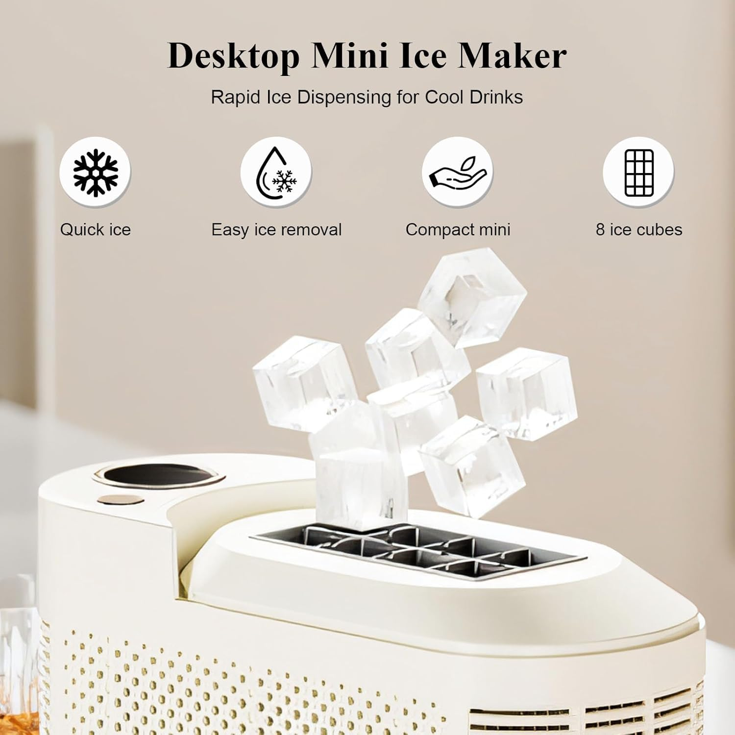 Portable Countertop Ice Maker Machine with Ice Tongs, 8 Cubes in 10 Mins, Compact Mini Ice Maker for Home/Camping/Office Bar/Party