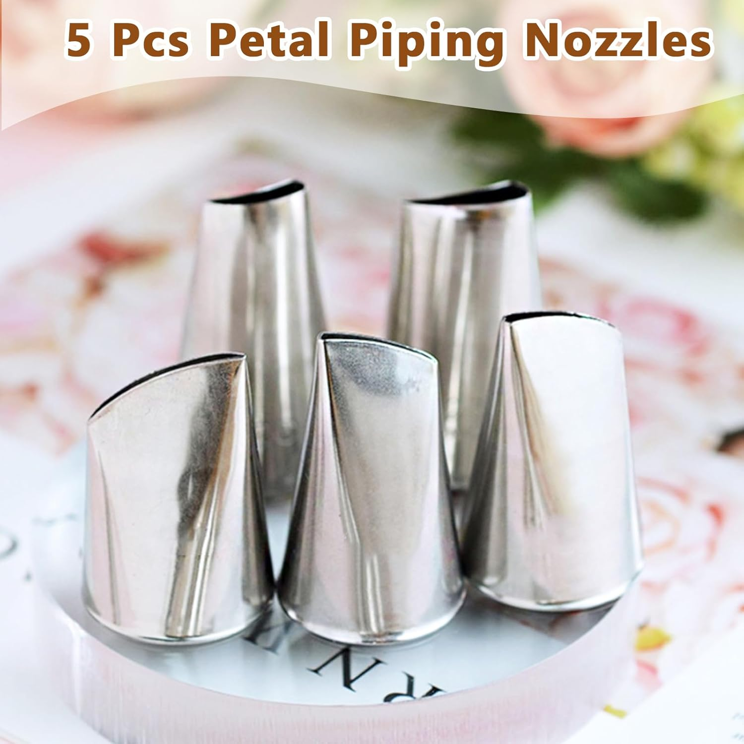 Wishesmar 5 Piece Petal Piping Nozzles Set for Cake Decoration - Quality Stainless Steel Nozzles - Ideal Nozzles for Cupcakes, Cakes, Cookies, Biscuits, Pastries image number 3