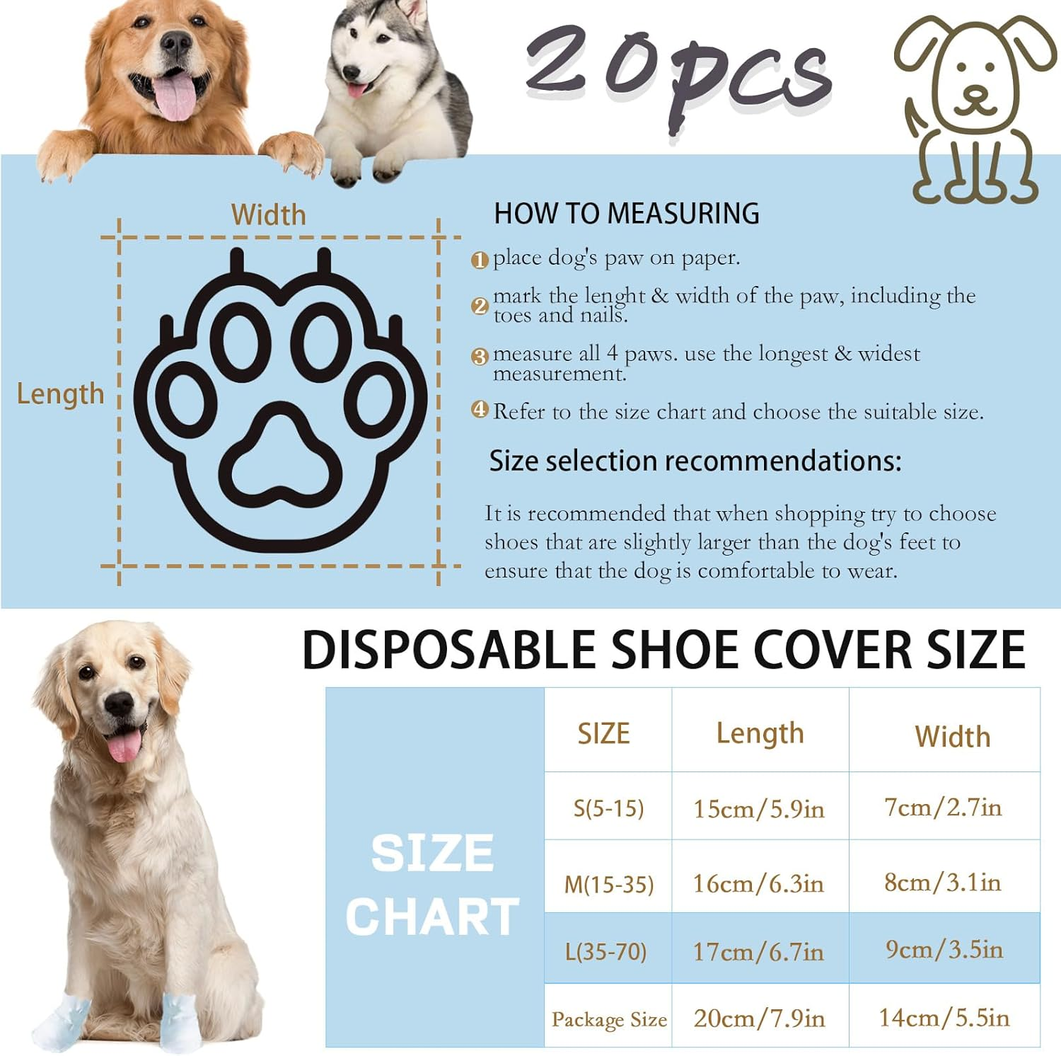 Disposable Dog Shoes for Small Dogs, Pet Shoes with Adjustable Adhesive Bandage, Dog Shoes and Paw Protection, 20 Pieces (L)