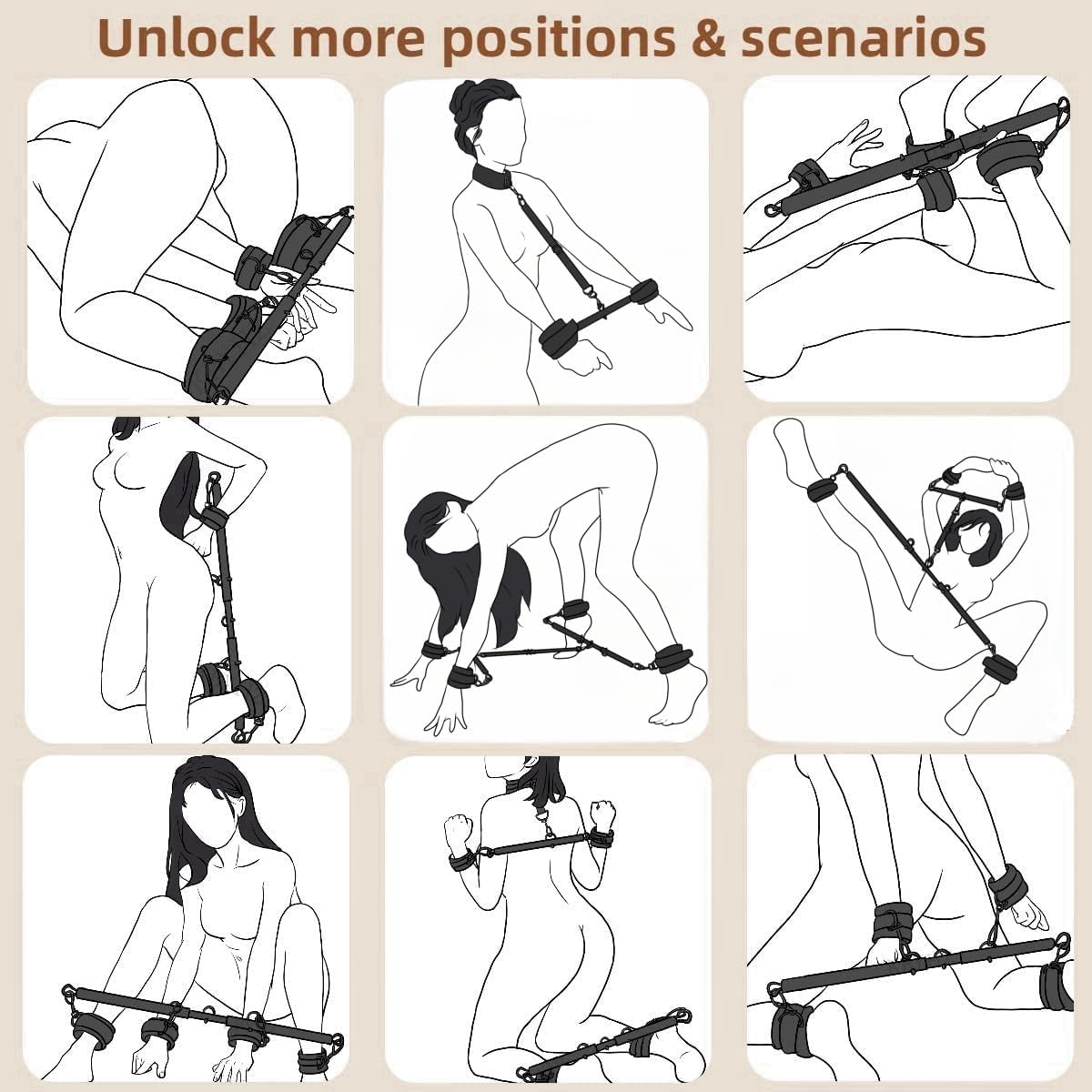 Spreader Bar Sex Toys with Wrist Ankle Neck Collar Restraint Kits Adjustable Handcuffs Collar Bondage Set BDSM for Adult Couple (Black) image number 6