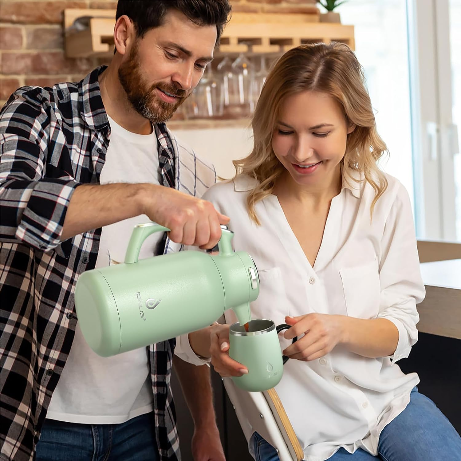 IDEUS Thermal Coffee Carafe 68Oz (2,000Ml), Stainless Steel Double Wall Insulated Vacuum Flask, Water Jug Coffee Server and Beverage Dispenser, Heat and Cold Retention (Avocado, 68Oz (2,000Ml)) image number 2