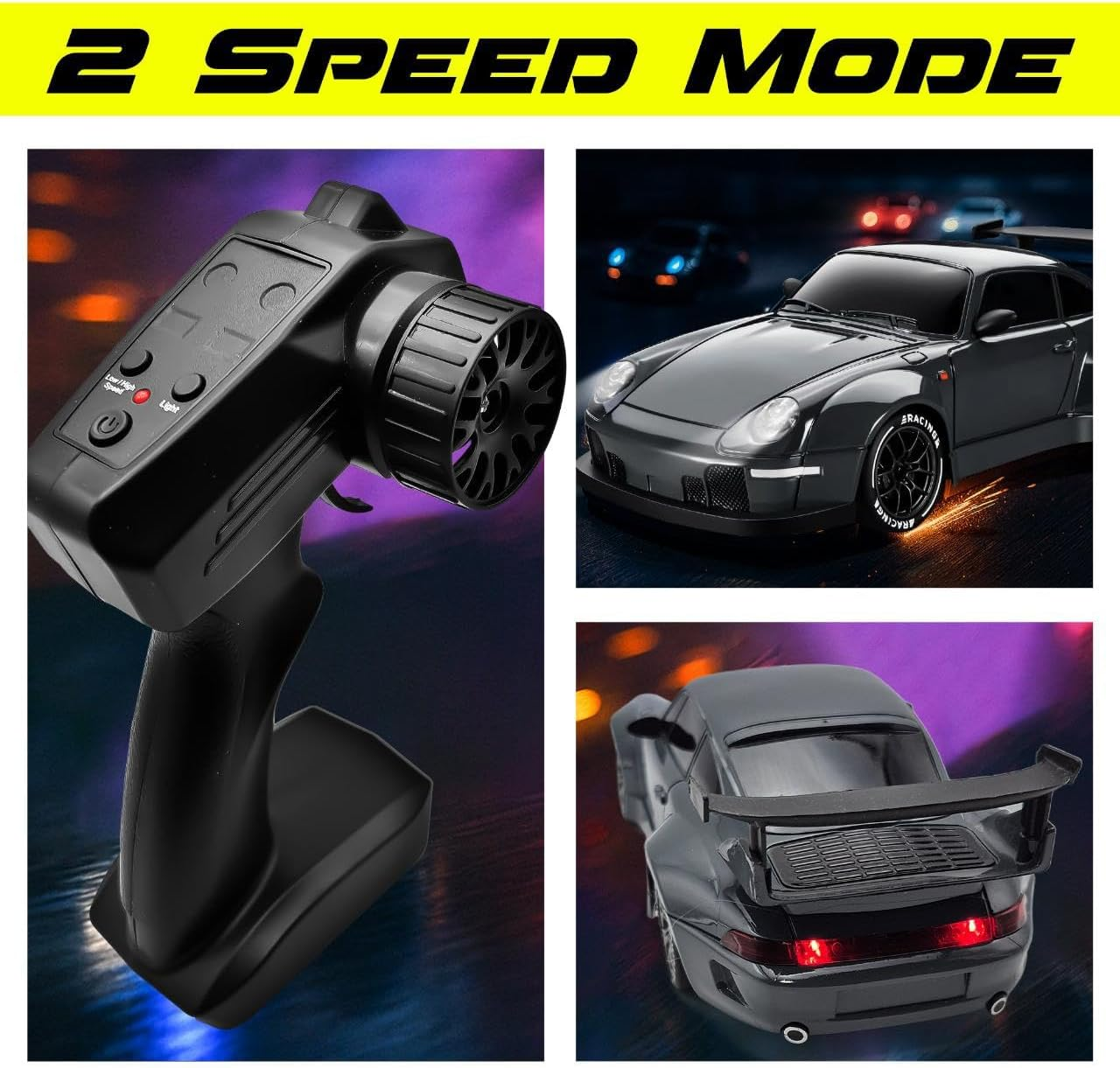 Yakts Premium RC Drift Car, 1:24 Remote Control Car with LED Lights, 20KM/H 4WD High Speed RC Car, Two Batteries, Extra Drifting Tires, Enjoyment Vehicle for Adults Boys Girls and Kids