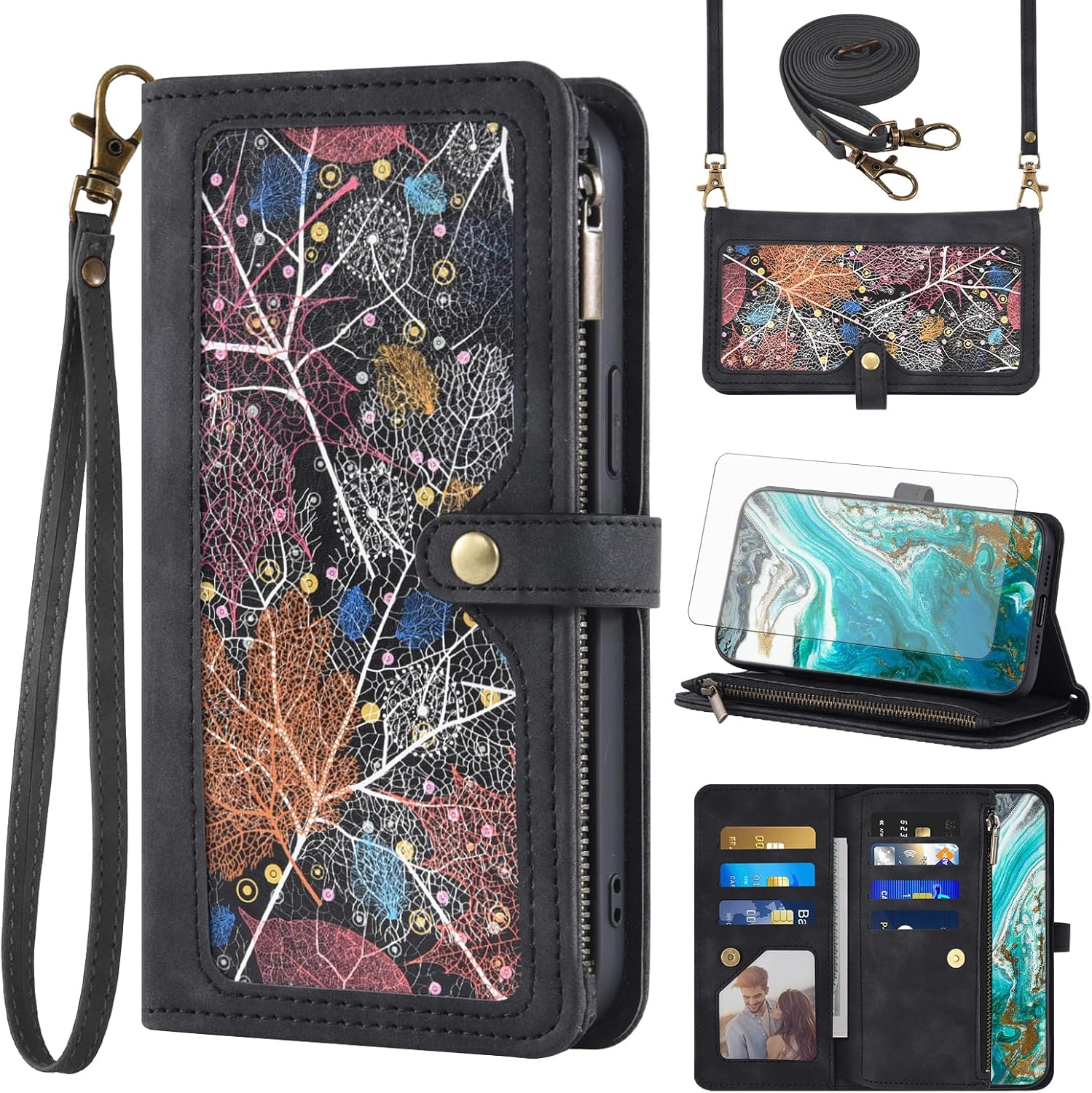 Asuwish Mobile Phone Case for Gigaset GS5 Case with Strap Film Protective Film Card Slot Foldable Leather Wallet Stand GS 5 Mobile Phone Cases Protective Zip Mobile Phone Cases Protective Glass Phone