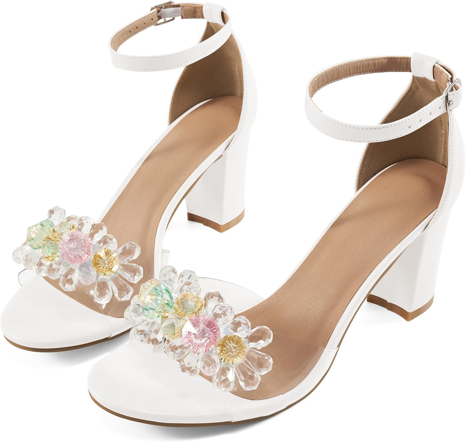 Aomigoct Chunky Heels for Women Wedding: Black 8 Dressy Comfortable High Heeled Sandals for Fashion Bridal with Crystal Decor image number 2