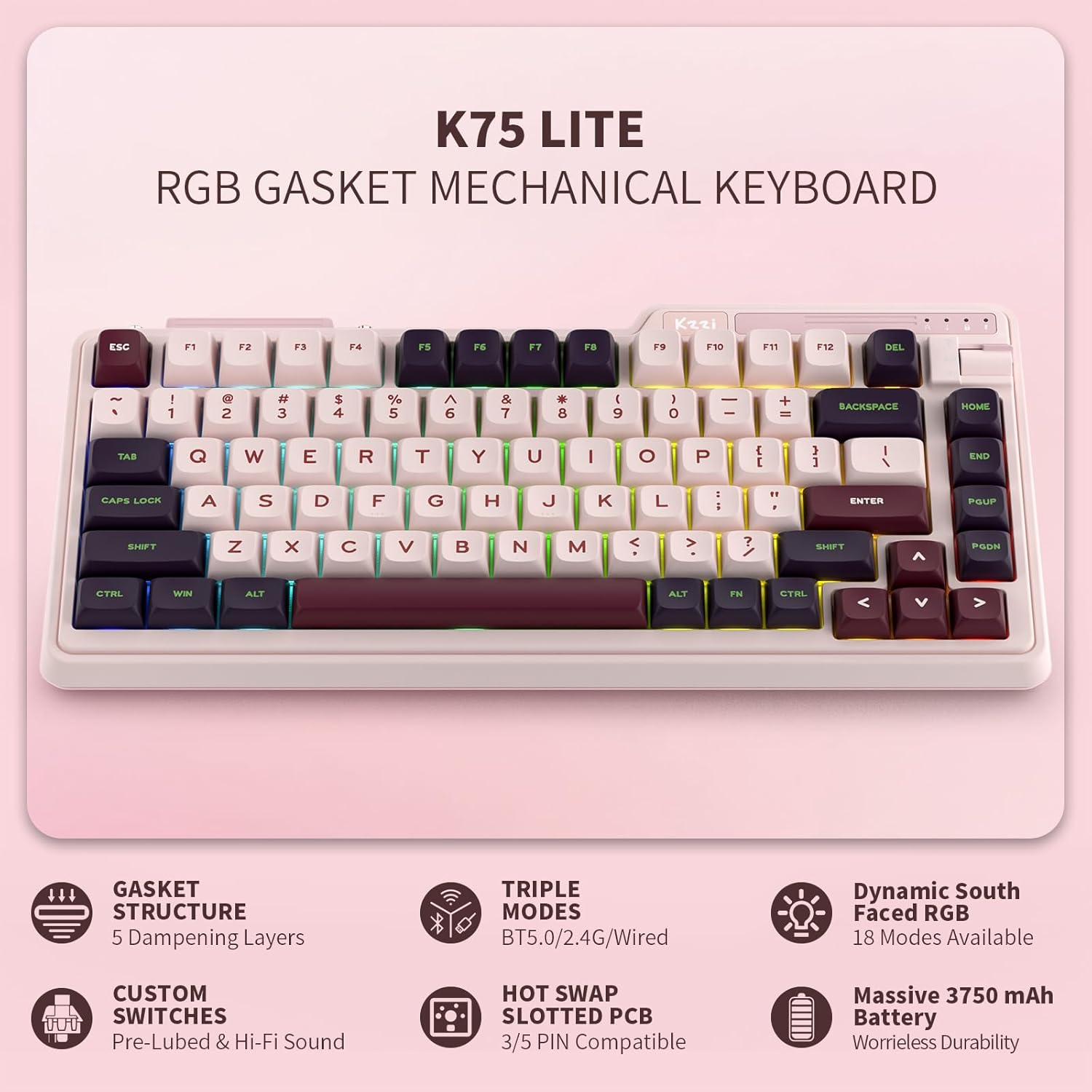 KZZI K75 Lite 75% Gasket Wireless Mechanical Keyboard, RGB Gaming Keyboard W/ 3-Mode Knob BT 5.0/2.4G/USB-C Wired, Hot Swappable, PBT Keycaps, 5-Layer Padding & Creamy Pre-Lubed Custom Linear Switches image number 1