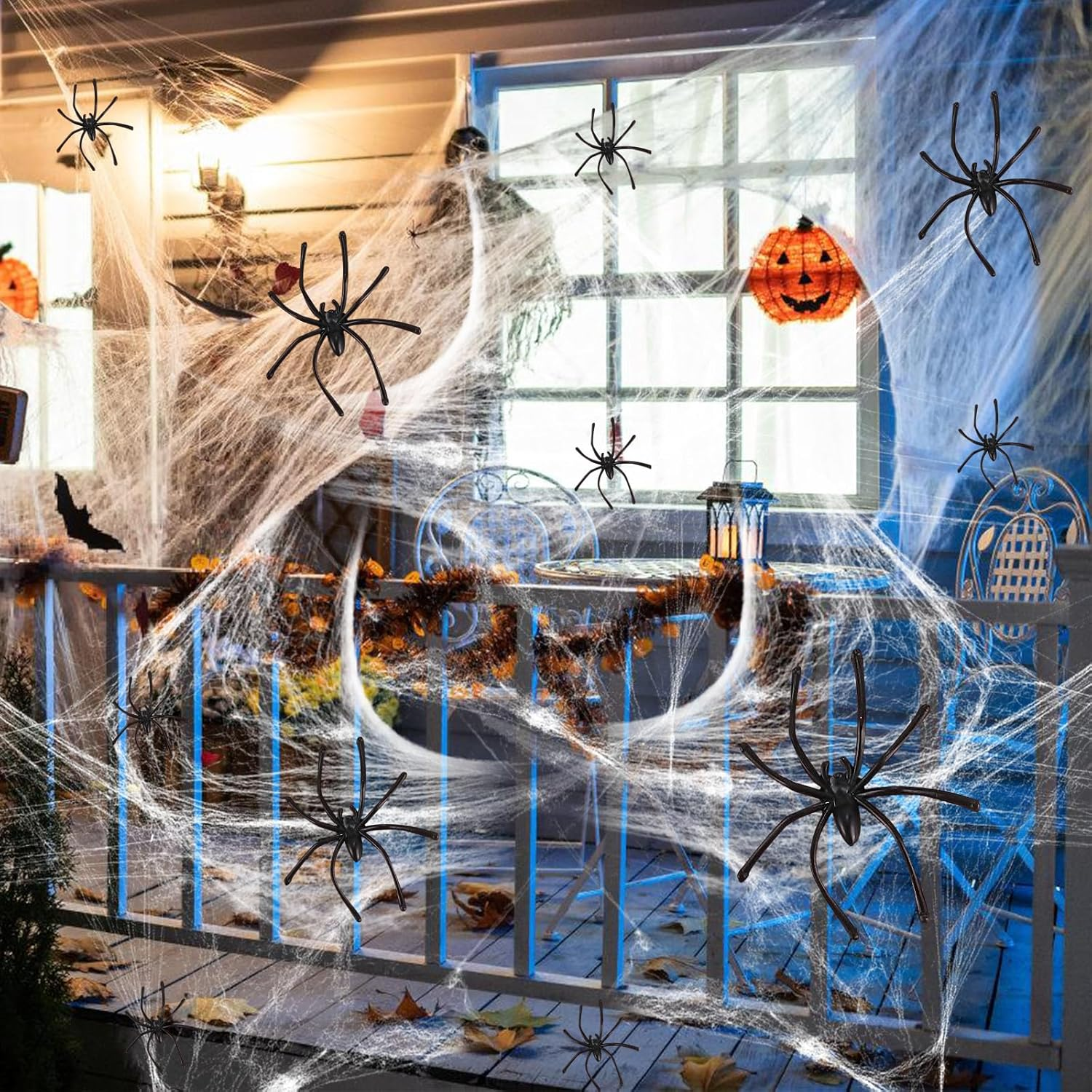 1500 Sqft Halloween Spider Webs Decorations with 150 Extra Fake Spiders, 600 Sqft Super Stretchy Cobwebs for Halloween Decor Indoor and Outdoor (White, 200G/600 Sqft) image number 3
