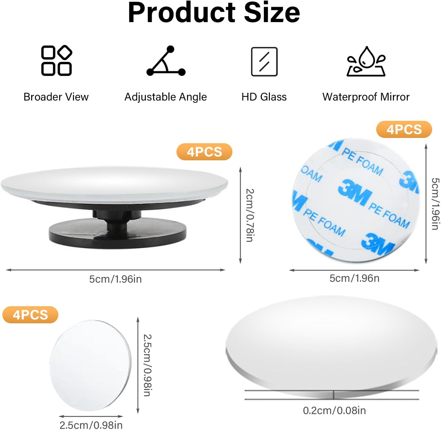 Essencenest 4 Pack Blind Spot Mirrors for Cars, HD Frameless Convex Mirrors, 360&deg; Adjustable Universal Fit for Trucks, Suvs, Sedans (2&rdquo; Round) image number 1