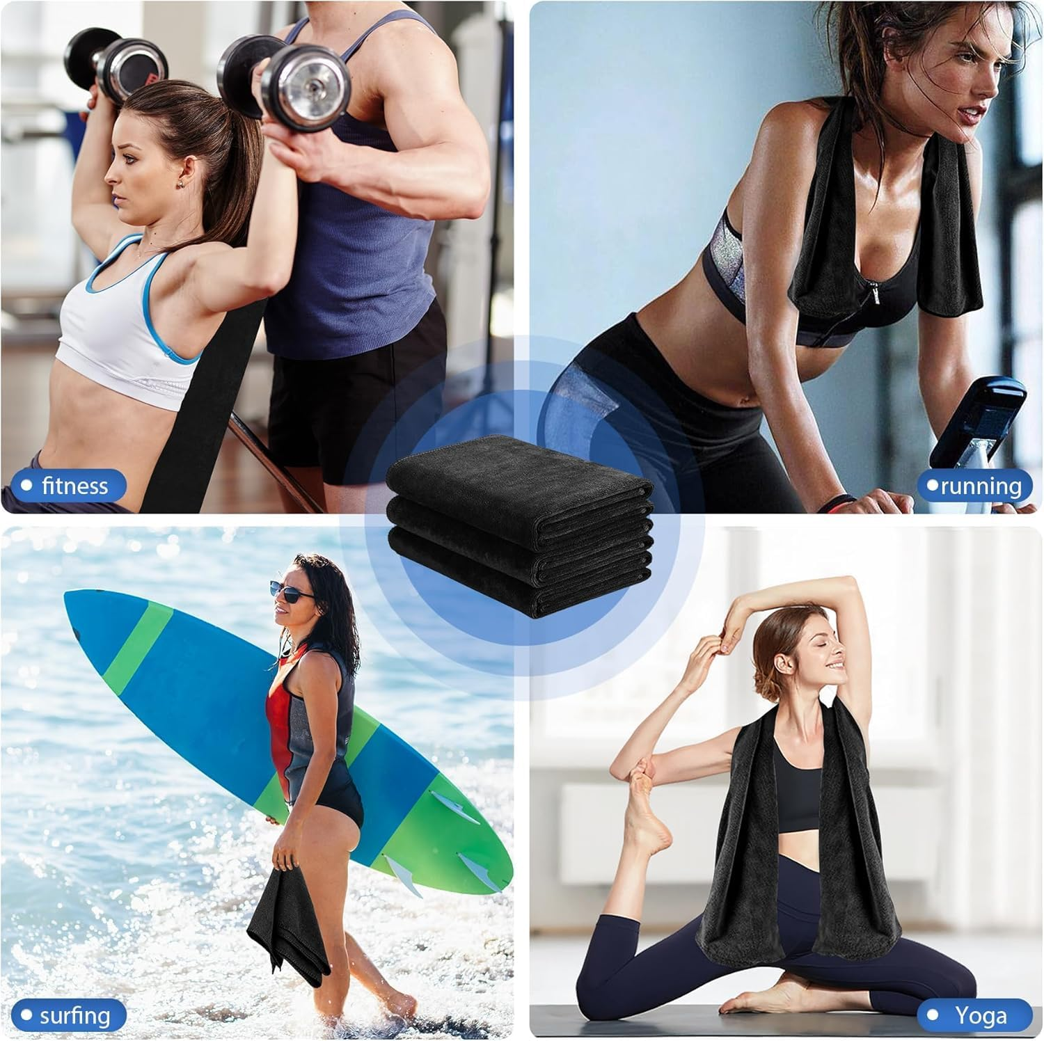 Fitness Towel, 135 X 50 Cm, Sports Towel, Suitable for Fitness Training and Sports, Microfibre, Absorbent and Soft Gym Towels, with Zip Pocket (1, Black) image number 6