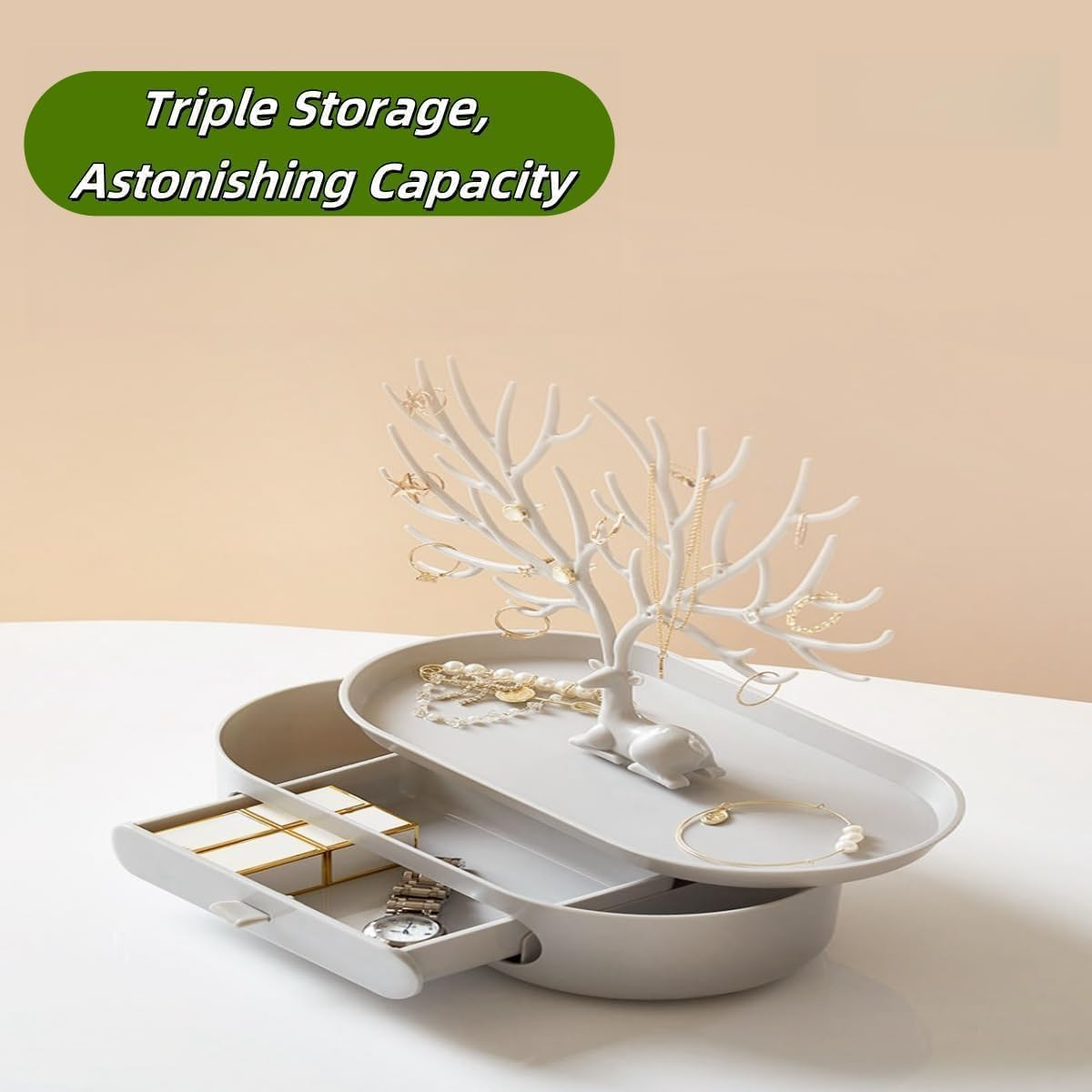 Antler Tree Jewelry Organizer Stand with Storage Drawer and Tray for Necklaces, Rings, Earrings, and Bracelets (Grey) image number 6