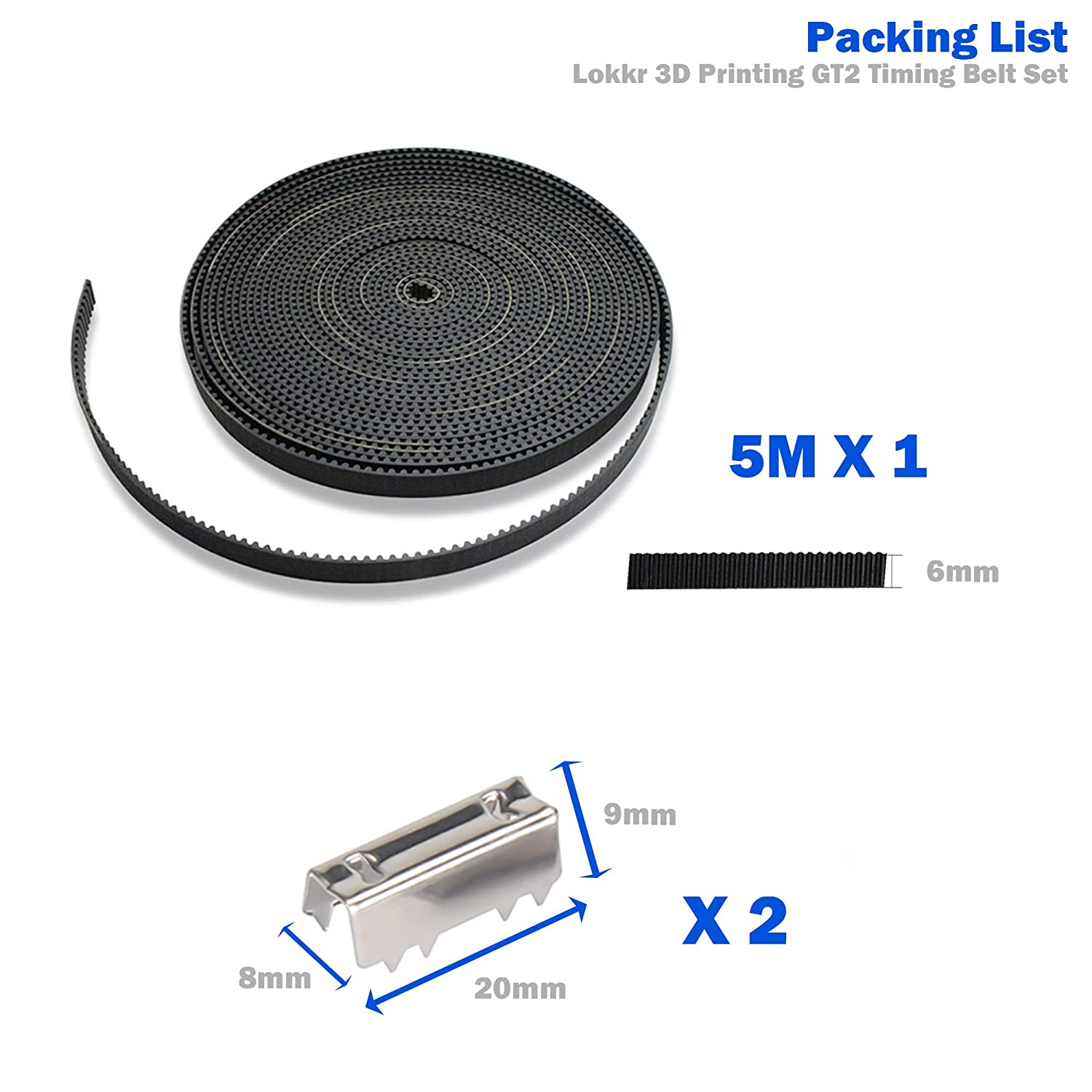3D Printing GT2 Timing Belt Set, 5 Meters GT2 Open Timing Belt 2Mm Pitch 6Mm Width Rubber Fiberglass and 2 Pcs Open Belt Clip, 3D Printer Accessories for Reprap Prusa Mendel CR-10 Ender 3 V2 image number 3