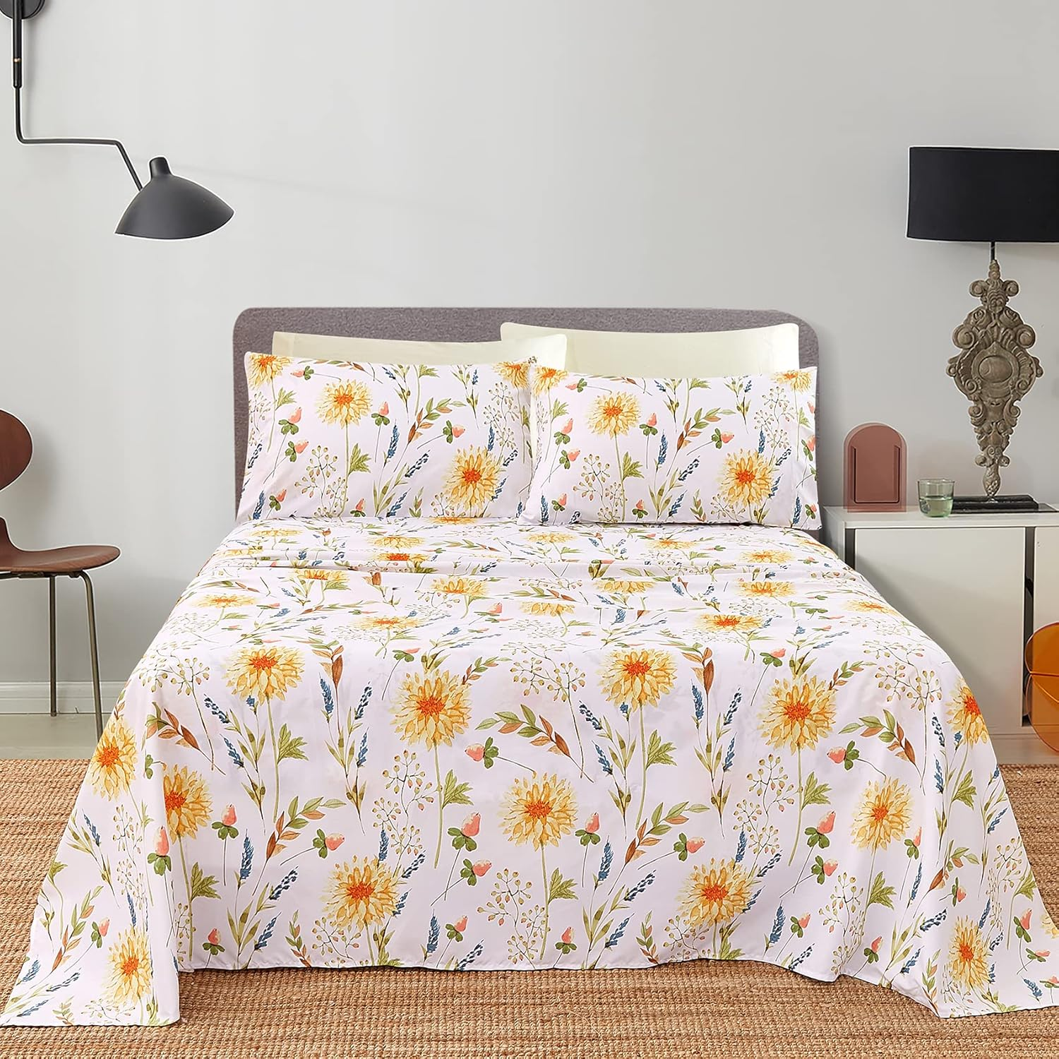 JSD 6 Piece Yellow Floral Print Sheet Set Queen Size, Soft Botanical Microfiber Sheets and Pillowcases Deep Pocket image number 3