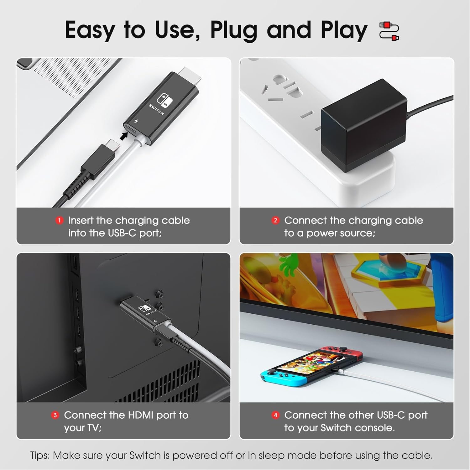 OLAIKE 3In1 USB C to HDMI Cable for Nintendo Switch/Oled, 1080P@60Hz Screen Projection Cable for Nintendo Switch, an Ultraportable Alternative to the Switch Dock, 2M, Black White image number 1