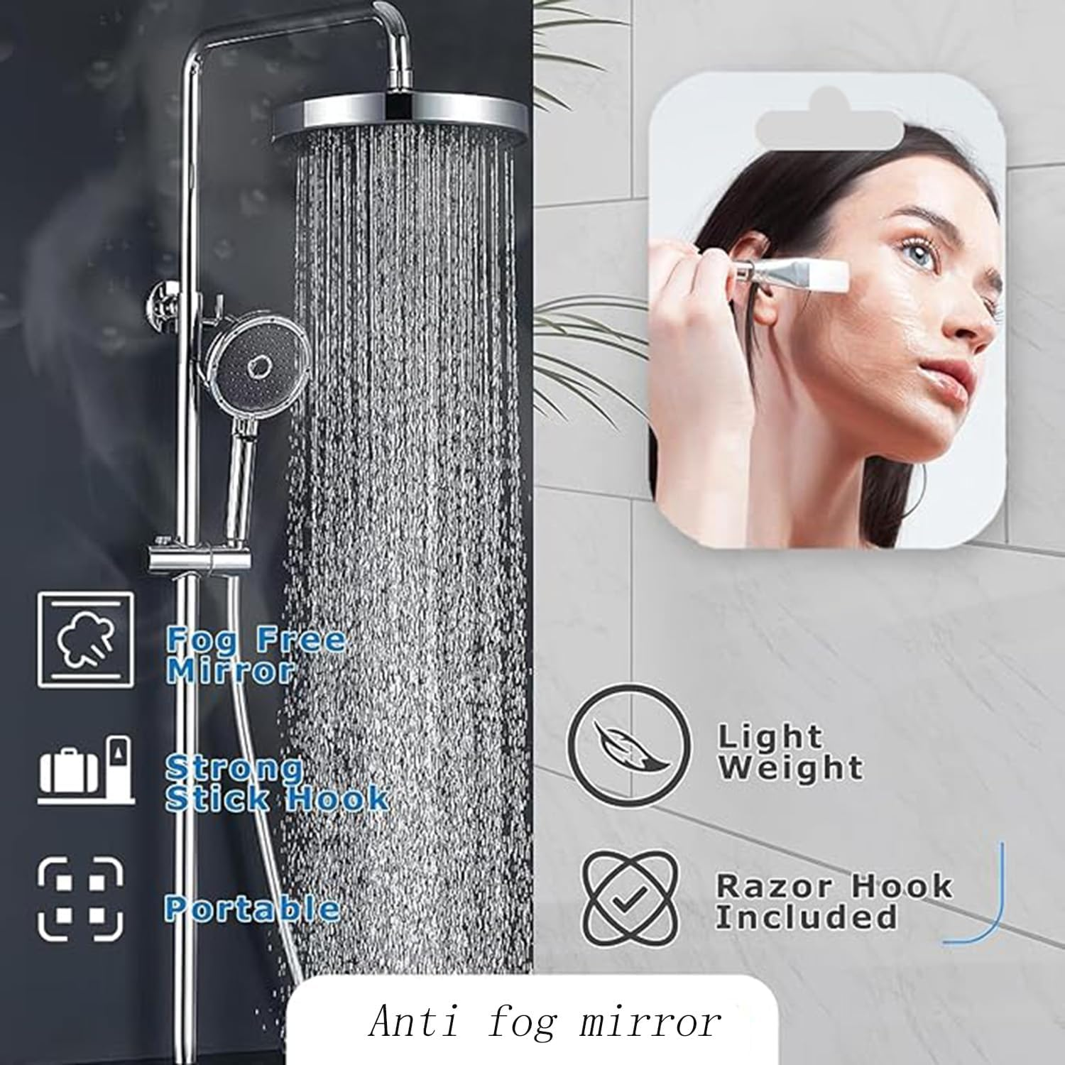 Hysgscwd Shower Mirror anti Fog, 25 * 18CM Anti-Fog Hanging Shaving Mirror, Shatterproof Fogless Shower Mirror with 2 Steel Razor Hooks Holder, Unbreakable Deluxe Plexiglass Makeup Mirror for Bathroom