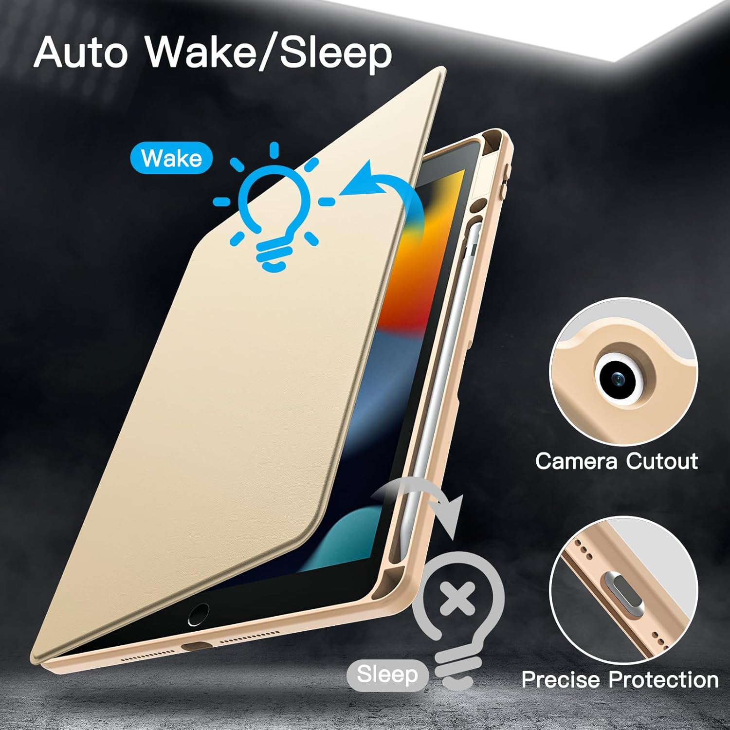 Jetech Rotating Case for Ipad 9/8/7 (10.2-Inch, 2021/2020/2019 Model, 9Th/8Th/7Th Generation) with Pencil Holder, 360 Degree Rotation Protective Stand Cover Clear Back, Auto Wake/Sleep (Beige) - Black image number 2