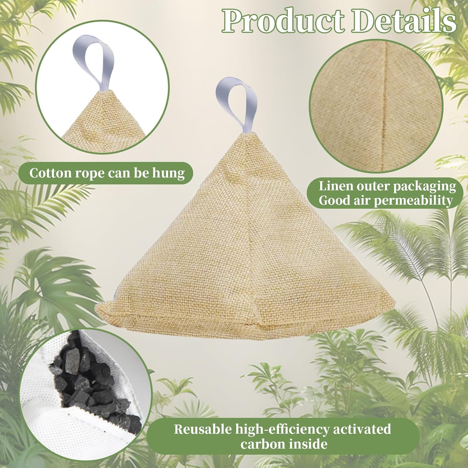 4 Pack Activated Bamboo Charcoal Bags with 4 Hooks Air Purifier Deodorizer Bags Dehumidifier Bags Stylish Pyramid Design Applicable to Car Closet Bathroom Basement Litter Box Shoe Air Fresheners Bags
