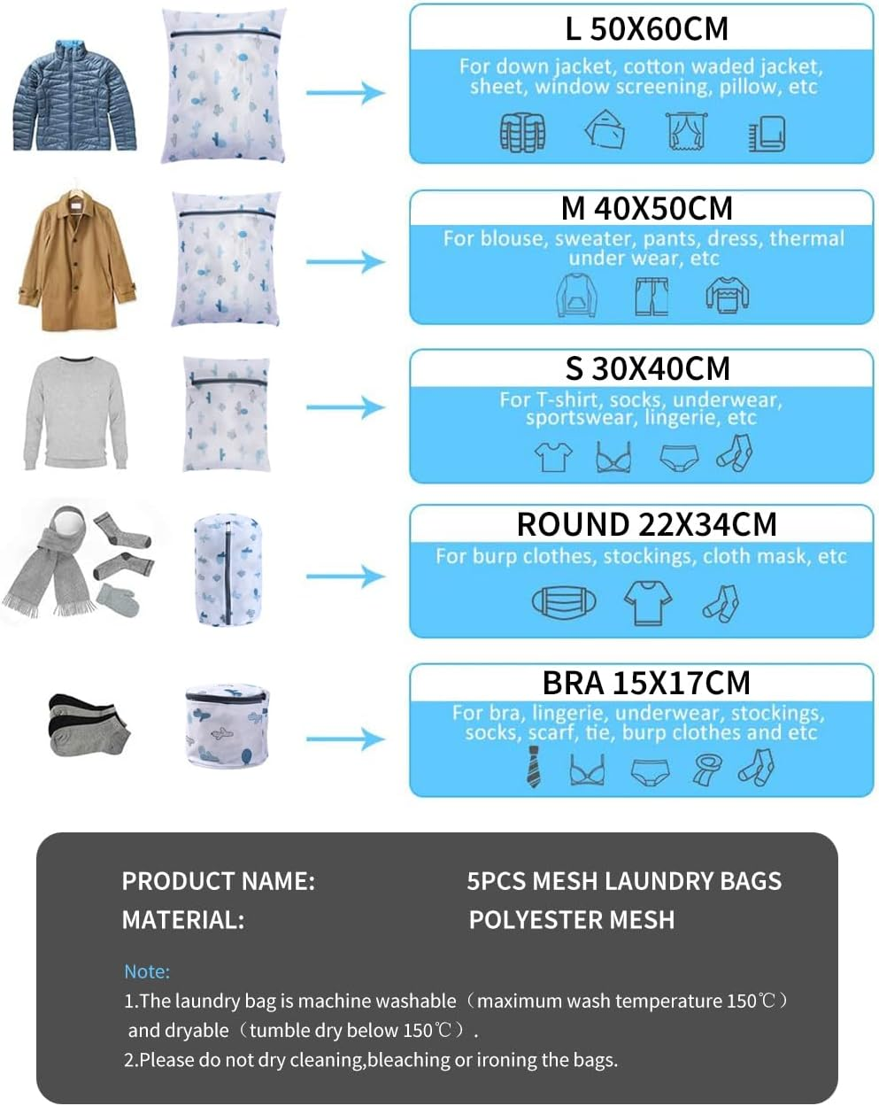 Vivva 5Pcs Durable Mesh Laundry Bags for Delicates, Travel Storage Organize Bag, Clothing Washing Bags for Laundry, Blouse, Bra, Hosiery, Stocking, Underwear, Lingerie (Cactus) image number 1