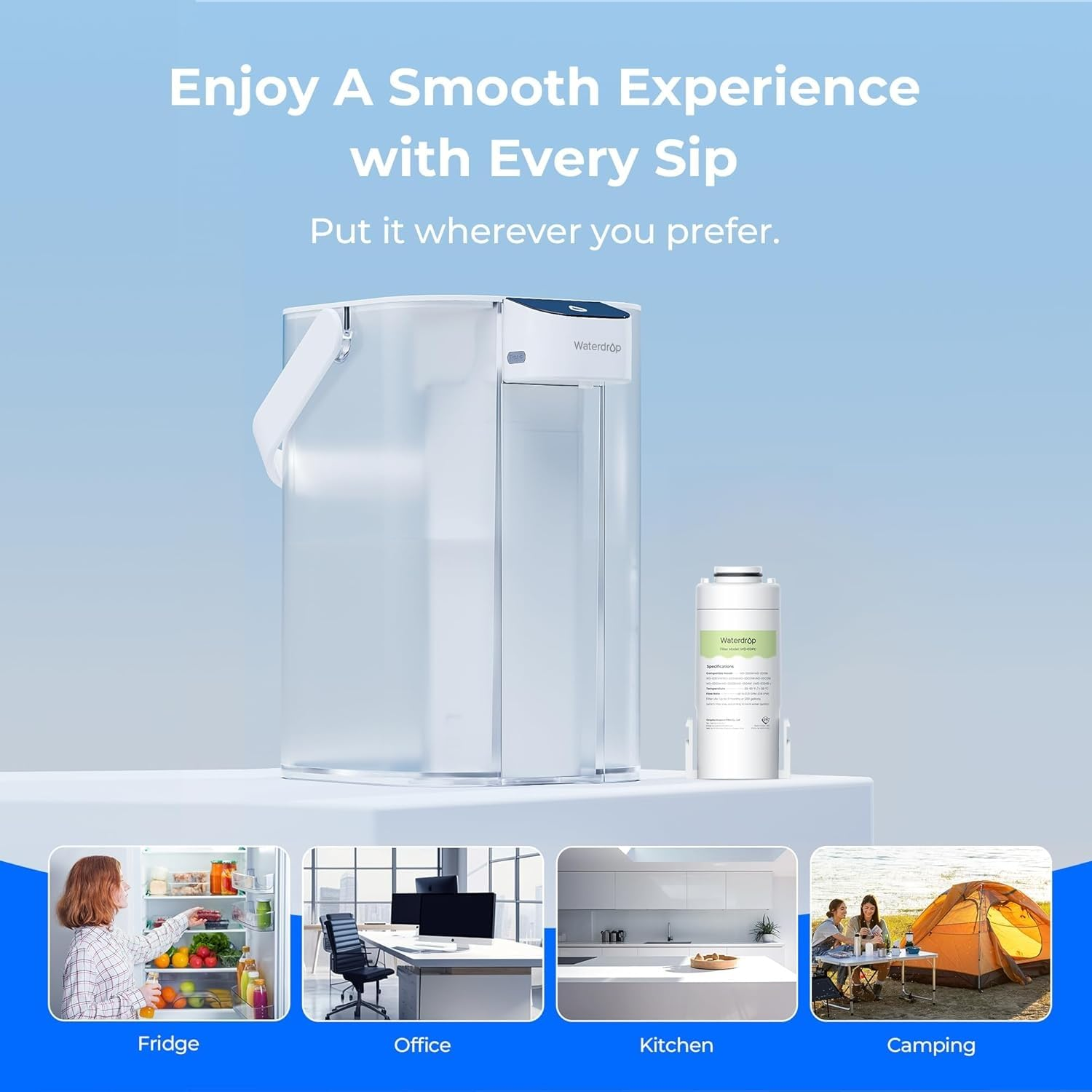 Waterdrop Water Filter Jug, Electric Rechargeable Water Purifier, 200-Gallon Countertop Water Dispenser, NSF/ANSI 401&53&42&372, Reduce PFAS, Lead, Chlorine, 3.6L, White, with 1 Filter image number 2