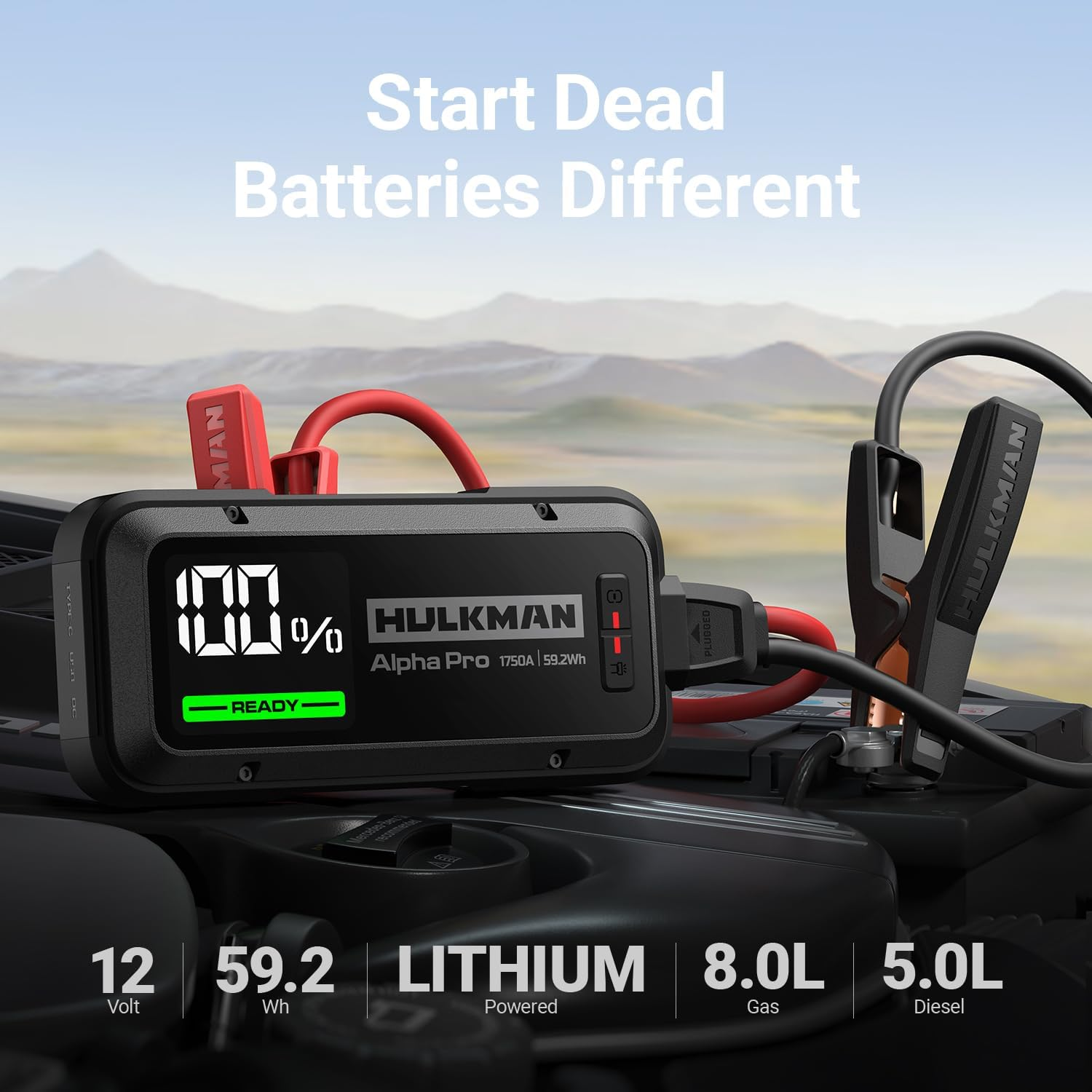 Hulkman Alpha Pro, Solid Black, 1750A 59.2Wh Smart Jump Starter, Jump Box with 3.3" LED Display, PD65W In&Out Car Battery Pack, 12V Portable Jumper, for 8.0L Gas and 5.0L Diesel Engines, 2025 New image number 5