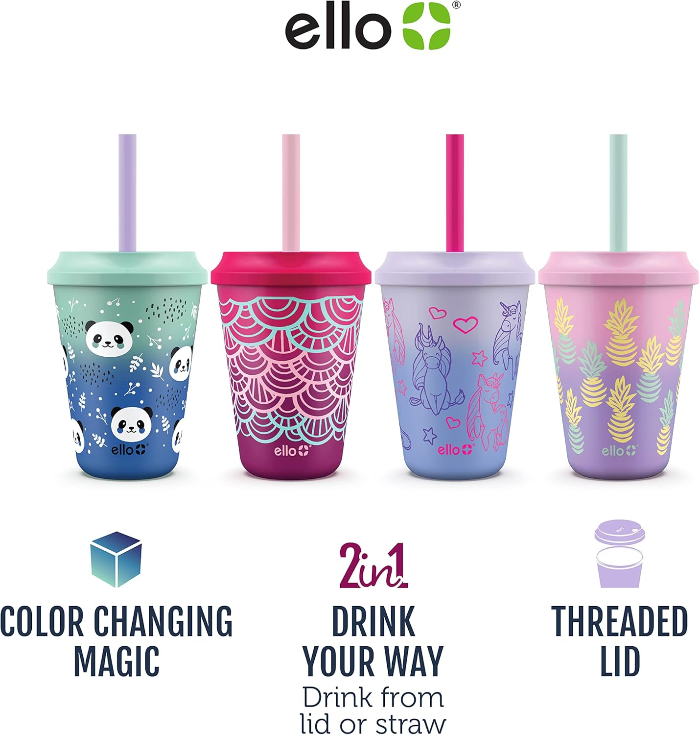 Ello Kids Plastic Reusable Color Changing Cups with Twist on Splash-Proof Lids and Straw, BPA Free, Dishwasher Safe, 12Oz, Fruit Pop, 4 Pack - 4 Pack Rainforest image number 5