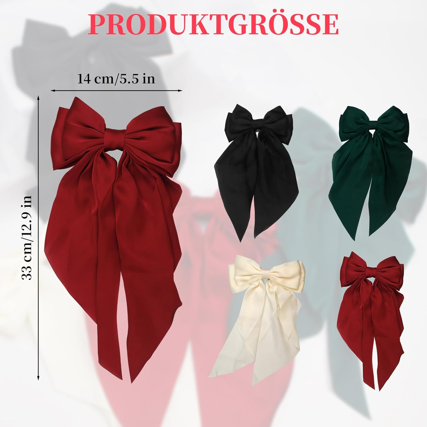 4PCS Big Hair Bows for Women, Large Ribbon Bow Hair Clips,Hair Bow Clips for Bride, Bridesmaid Bowknot Clips for Hair Barrettes Bow Clips (Black,Red,White,Green)