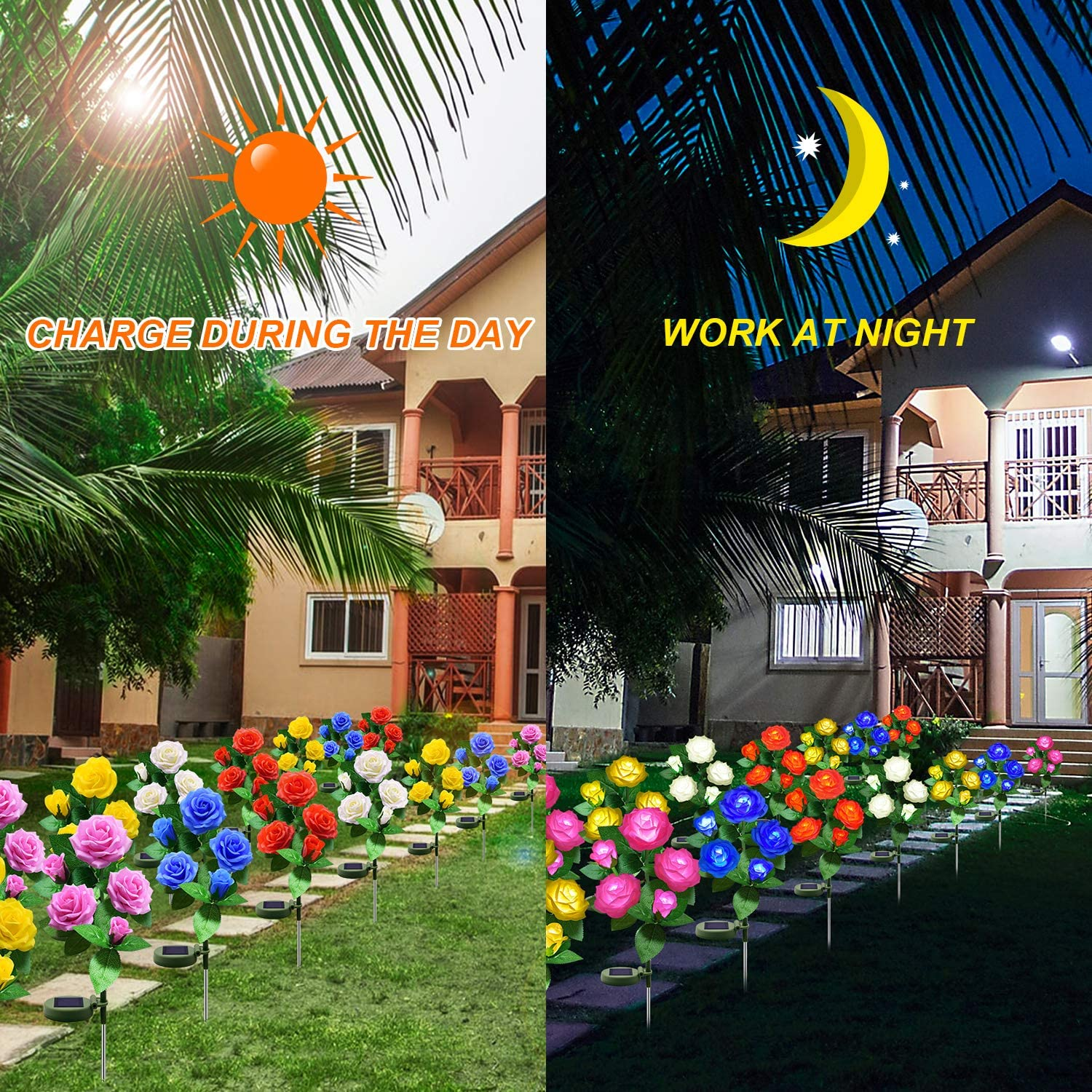 Solar Flower Lights Outdoor - Upgraded New Material Two Modes Realistic LED Solar Powered Waterproof Lights with 5 Roses, Solar Decorative Stake Lights for Garden Patio Yard Pathway Lawn(Pink)