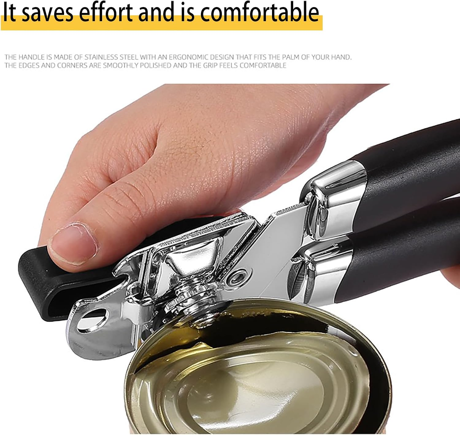 Manual Can Opener, 3 in 1 Stainless Steel Bottle Opener with Built Stainless Steel Razor-Sharp Blade Ergonomic Design for Easy Safe Opening Dishwasher Safe Camping Black image number 5