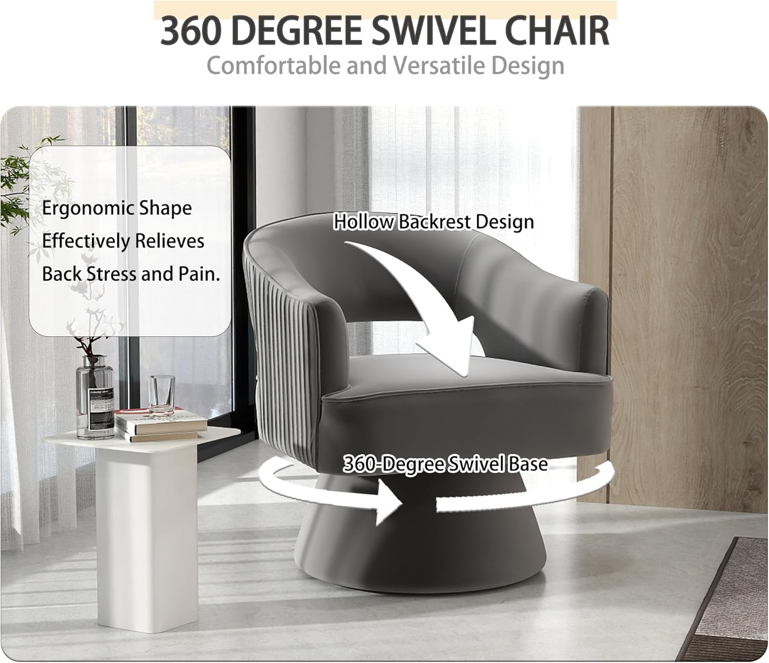 Mid Century Modern Swivel Accent Chair, 360 Degree Swivel Barrel Chair, Upholstered Lounge Chair Comfy Vanity Chair, Striped Velvet Armchair for Living Room Sofa, Bedroom, Reading Room(Gray)