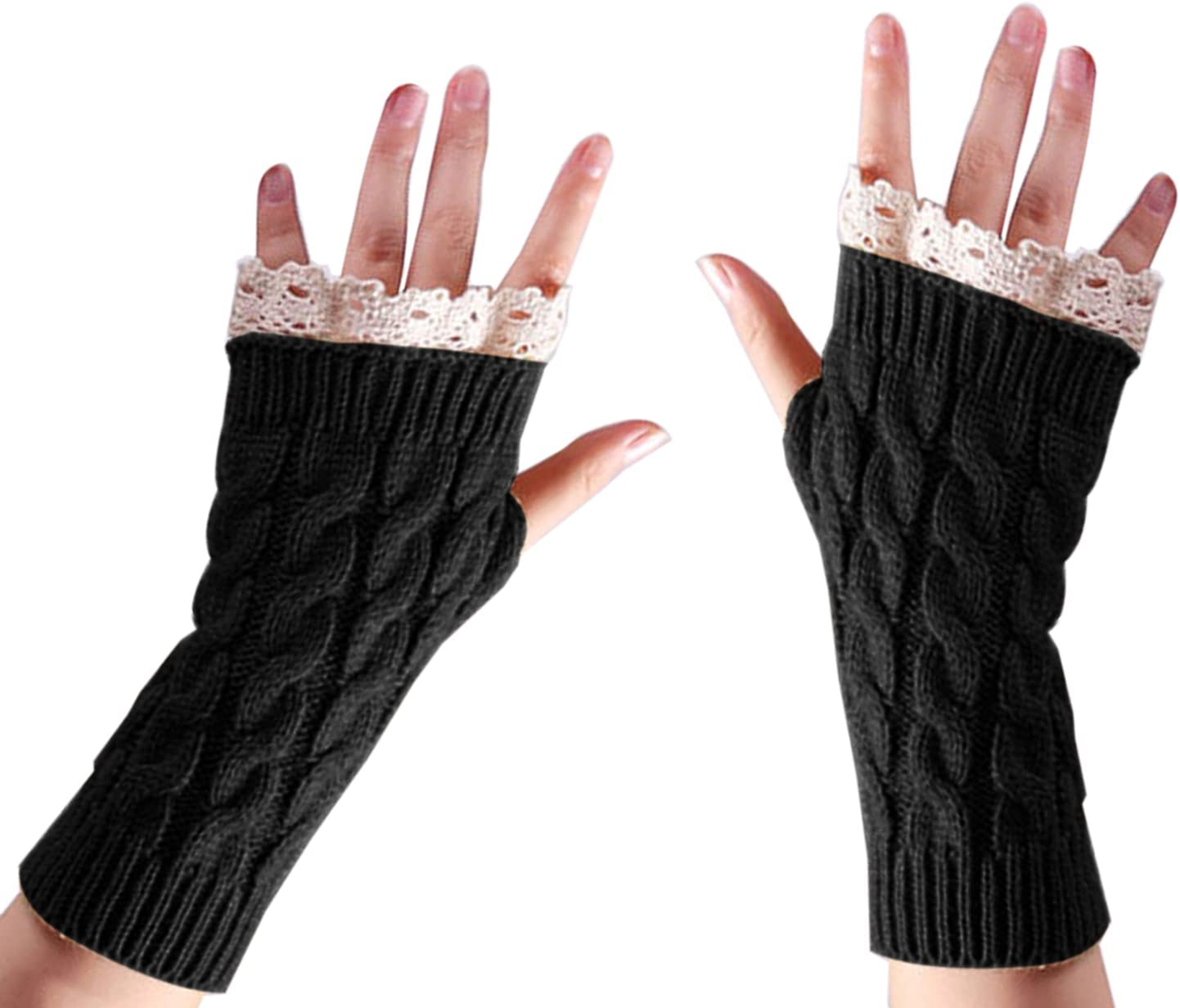 CENZICOM Women Knit Arm Warmer Winter Fingerless Thumb Hole Mitten Soft Gloves with Lace