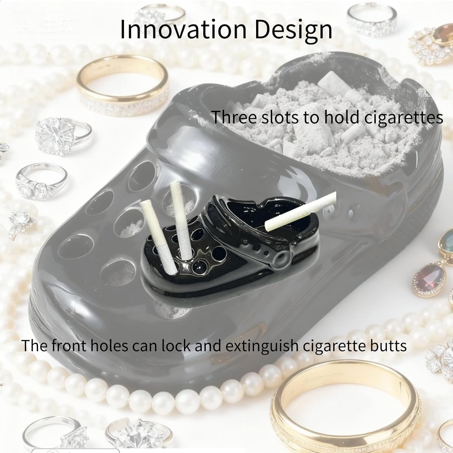 Kalione Ceramic Shoe-Shaped Ashtray, Decorative Holder, Indoor Outdoor Desktop Tray with Perforated Design,Home Decor, Office, Windproof Outdoor,Jewelry Tray,Black image number 4