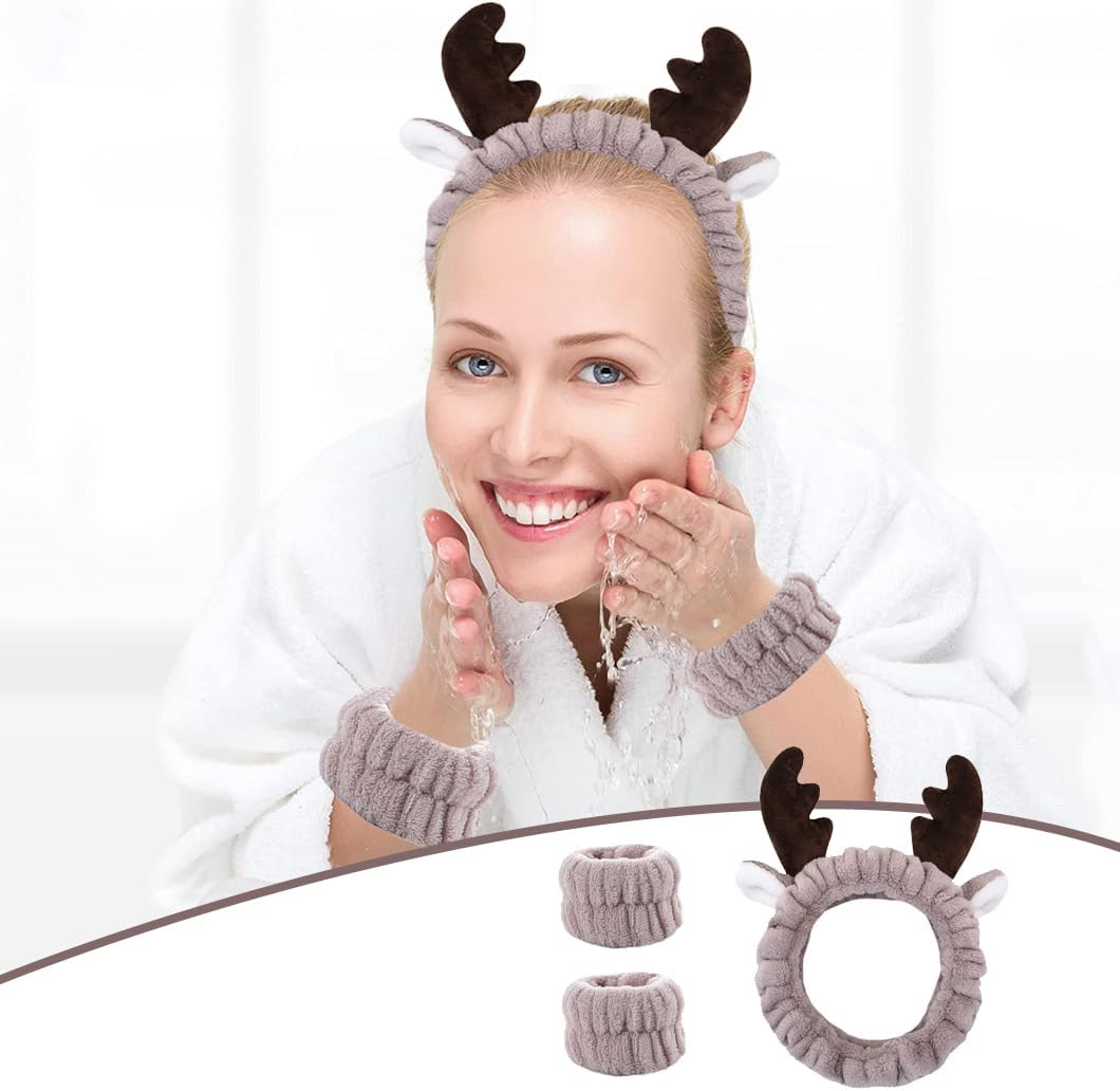 Youery Headband Bracelet Sets Hair Band Makeup Antlers Brown Face Wash Hair Bands Spa Headband Soft Elastic Hair Band Wrist for Girls Face Washing Makeup Shower