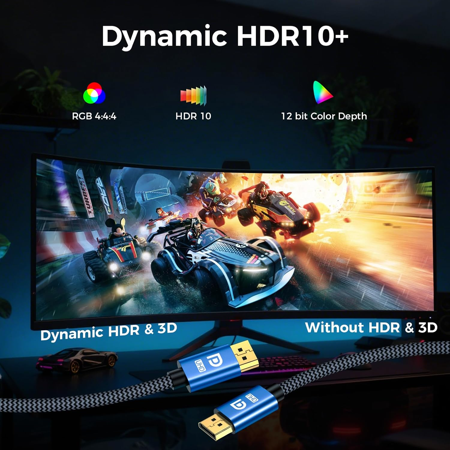 Zazalon Displayport Cable 1.4-8K@60Hz, 4K@144Hz, 2K@240Hz, 32.4Gbps High-Speed,Hdr, HDCP, G-Sync, Freesync - Nylon Braided DP to DP Cord for Gaming Monitor,Pc,Tv,Laptop - 2M, Blue image number 1