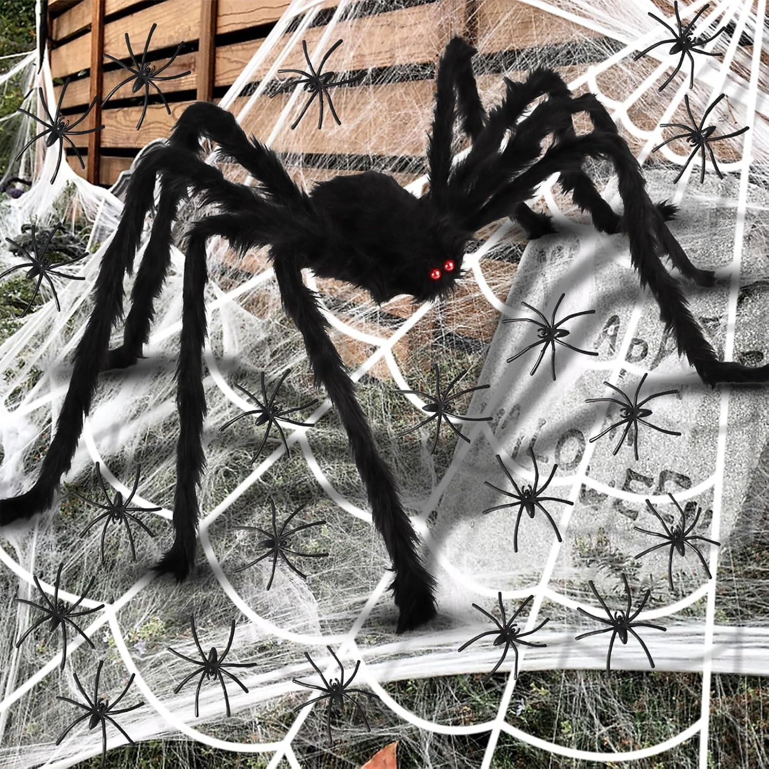 Halloween Spider Web & Giant Spider Decorations,Lifelike Hairy Spider Stretchable Web, All-Weather for Porch/Yard/Living Room, Complete Set with Installation Accessories image number 3
