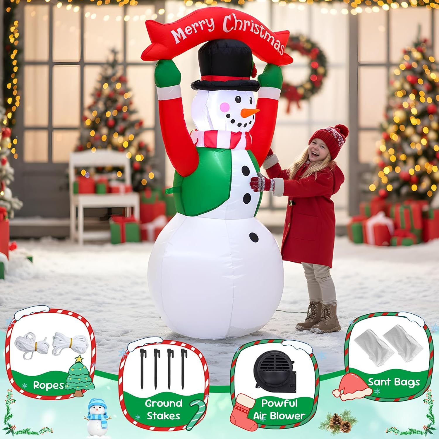 4FT Christmas Inflatables Blow up Christmas Snow Man Holding a Sign That Reads Merry Christmas with LED Light Indoor Outdoor Graden Yard Lawn Party Holiday Decor - 4H Inflatable Snowman With Signpost image number 3