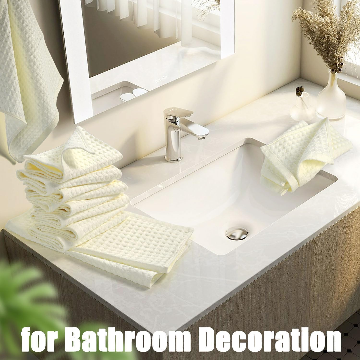 Cleanbear Wash Cloths 12 Pack，Cream Washcloths Set, 100% Cotton Waffle Weave &ndash; Fluffy, Absorbent, Quick-Drying Wash Cloths for Showering, Face, Body, and More image number 1