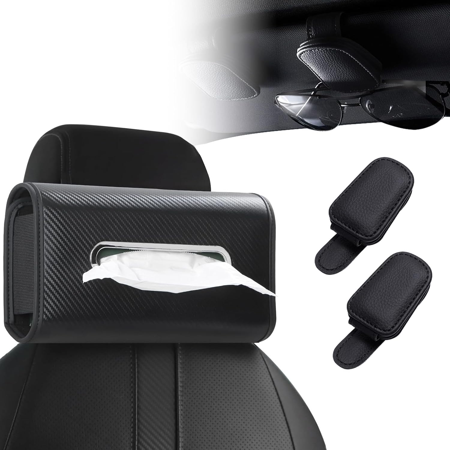 Car Essentials Set: Black PU Leather Tissue Holder (100-150 Tissues) + 2-Pack Magnetic Sunglasses Holders for Visor - Interior Automotive Accessories for Women, Keep Tidy image number 2