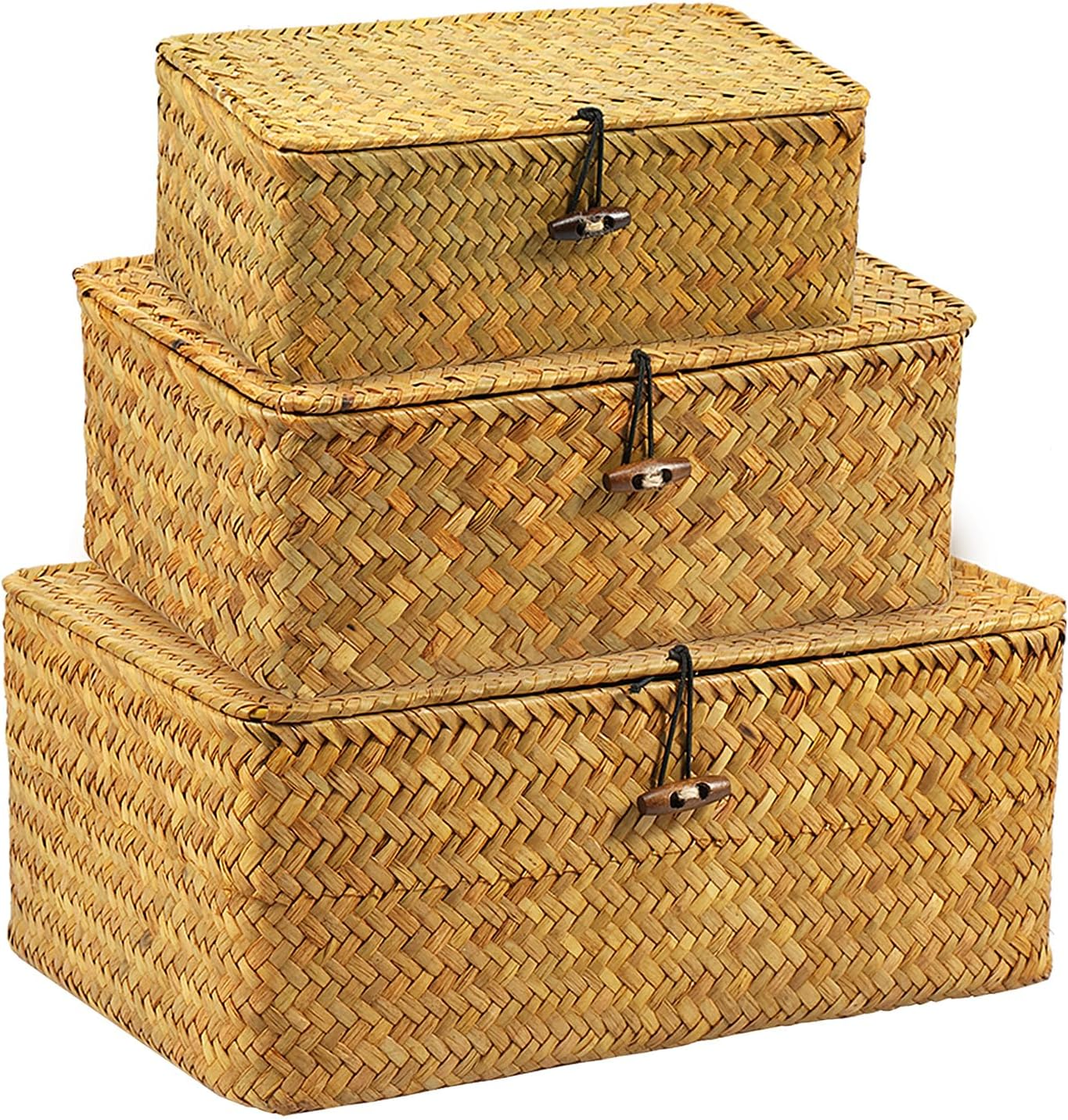 3 Pcs Hay Storage Basket - Handmade Woven Box with Lid, Sturdy Enduring Multifunctional Stackable Easy to Clean Basket for Toys Cosmetics Bathroom image number 5