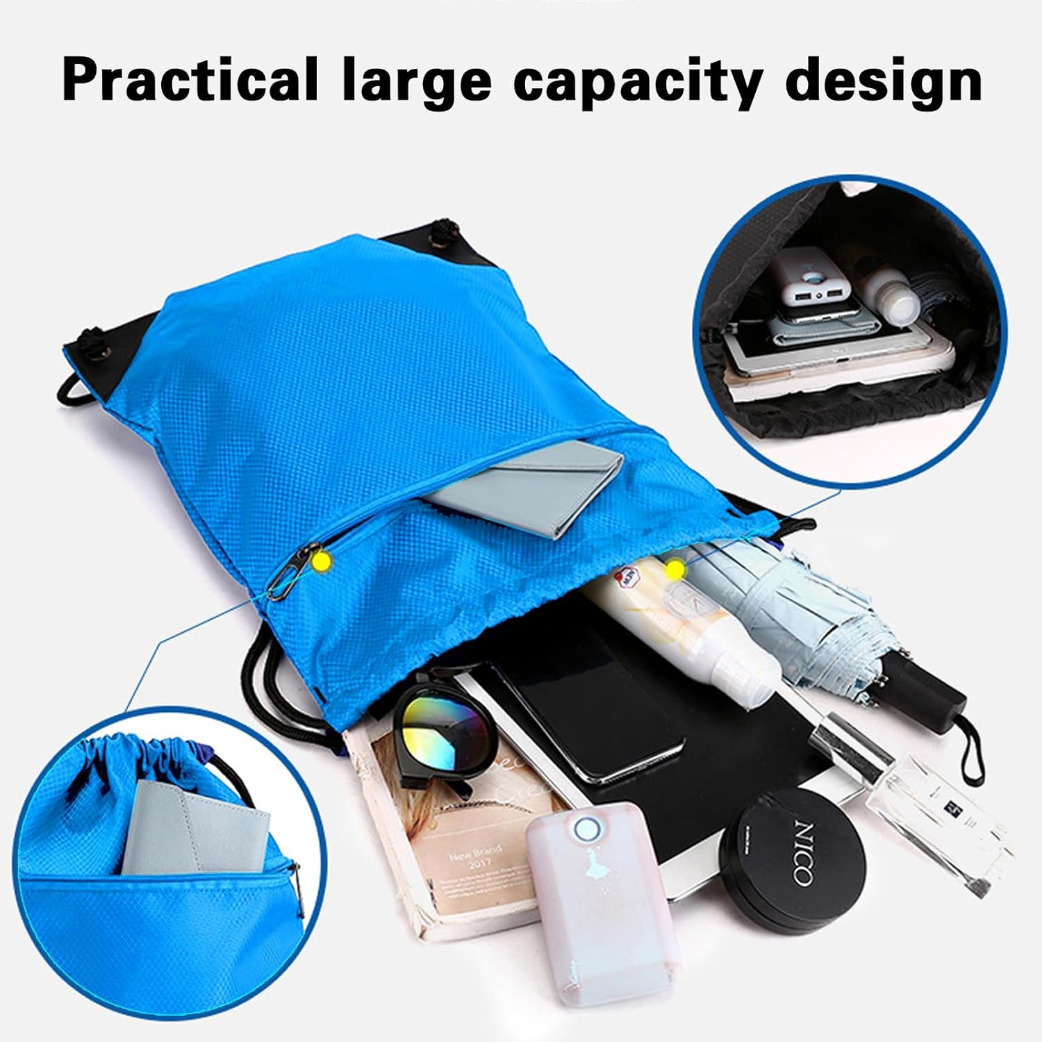 Waterproof Drawstring Backpack - Durable Gym Sackpack for Sports, Hiking, Travel & Camping | Basketball, Swim Bag with Zipper Pocket & Thick Shoulder Straps - Black image number 2