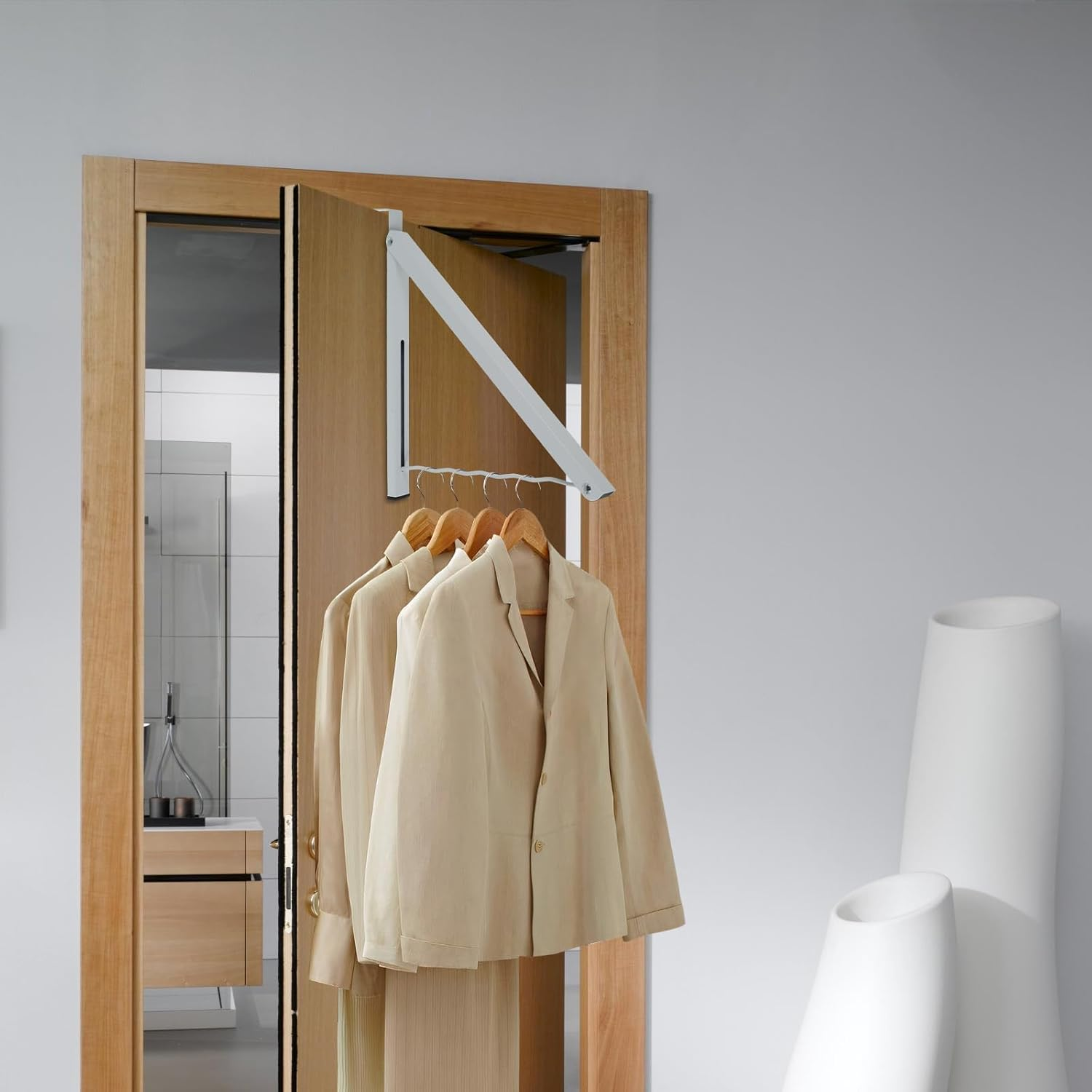 2Pcs over the Door Hanger Metal Foldable Hanging Rack 20Lbs Weight Capacity Collapsible Clothes Drying Single Rod Laundry Hanger Hook Closet Hanger Organizer for Bedroom Bathroom (White)