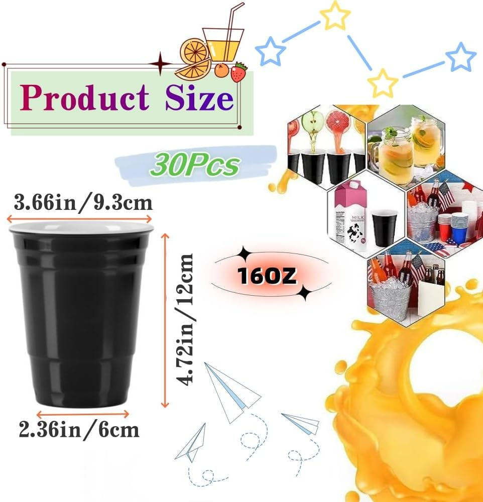 16Oz Black Party Cups,30Pcs Repeatable Cups for New Year, Christmas, Camping, Wedding,Birthday Party Supplies Holiday Celebration Wine Bbeer Drinks image number 4